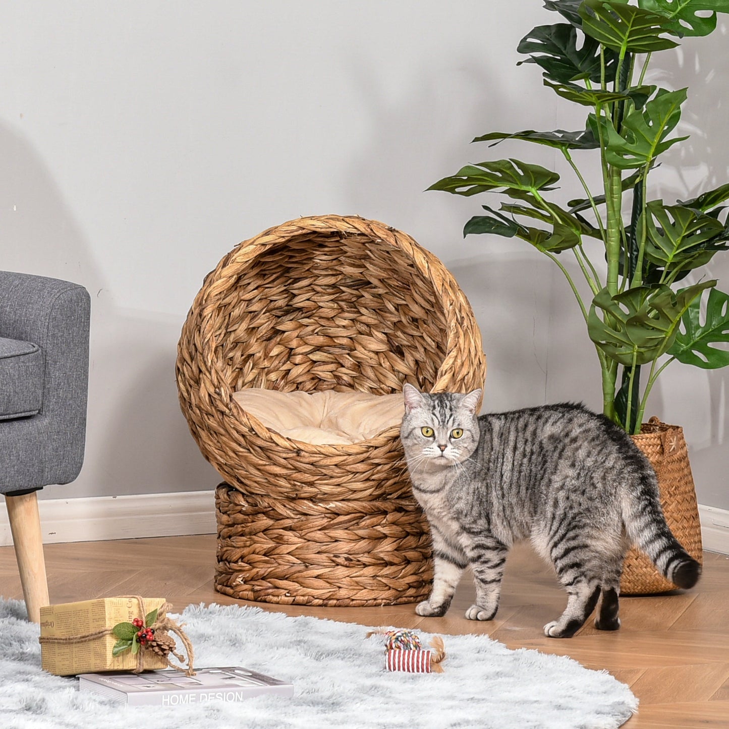 Woven Banana Leaf Elevated Cat Bed Wicker Kitten Basket Pet Den. House Cosy Cave with Soft Cushion Dome 50x42x60cm Brown