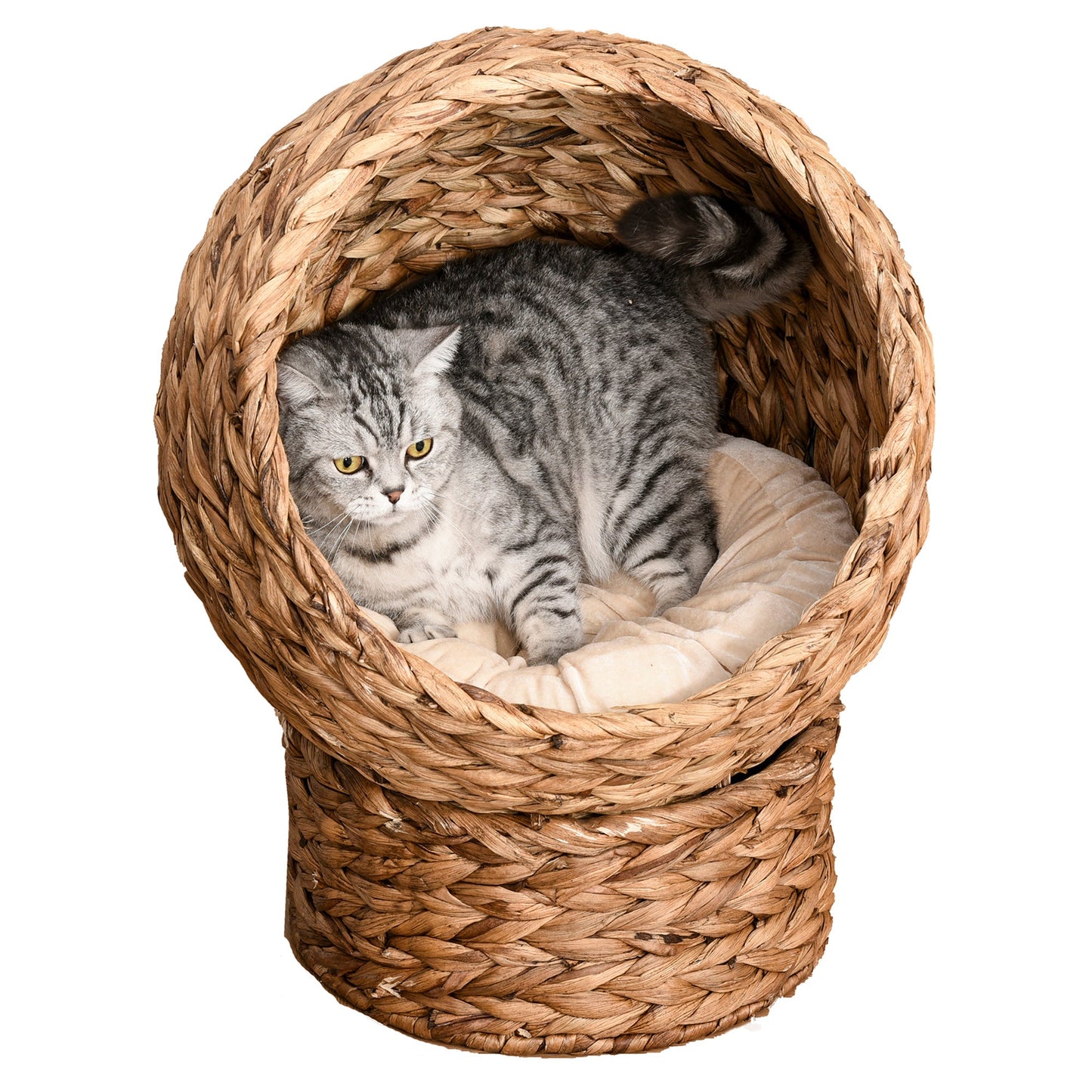 Woven Banana Leaf Elevated Cat Bed Wicker Kitten Basket Pet Den. House Cosy Cave with Soft Cushion Dome 50x42x60cm Brown