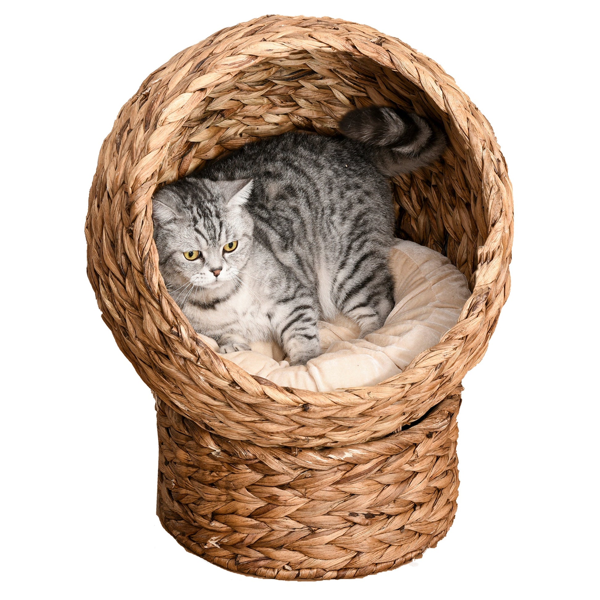 Woven Banana Leaf Elevated Cat Bed Wicker Kitten Basket Pet Den. House Cosy Cave with Soft Cushion Dome 50x42x60cm Brown