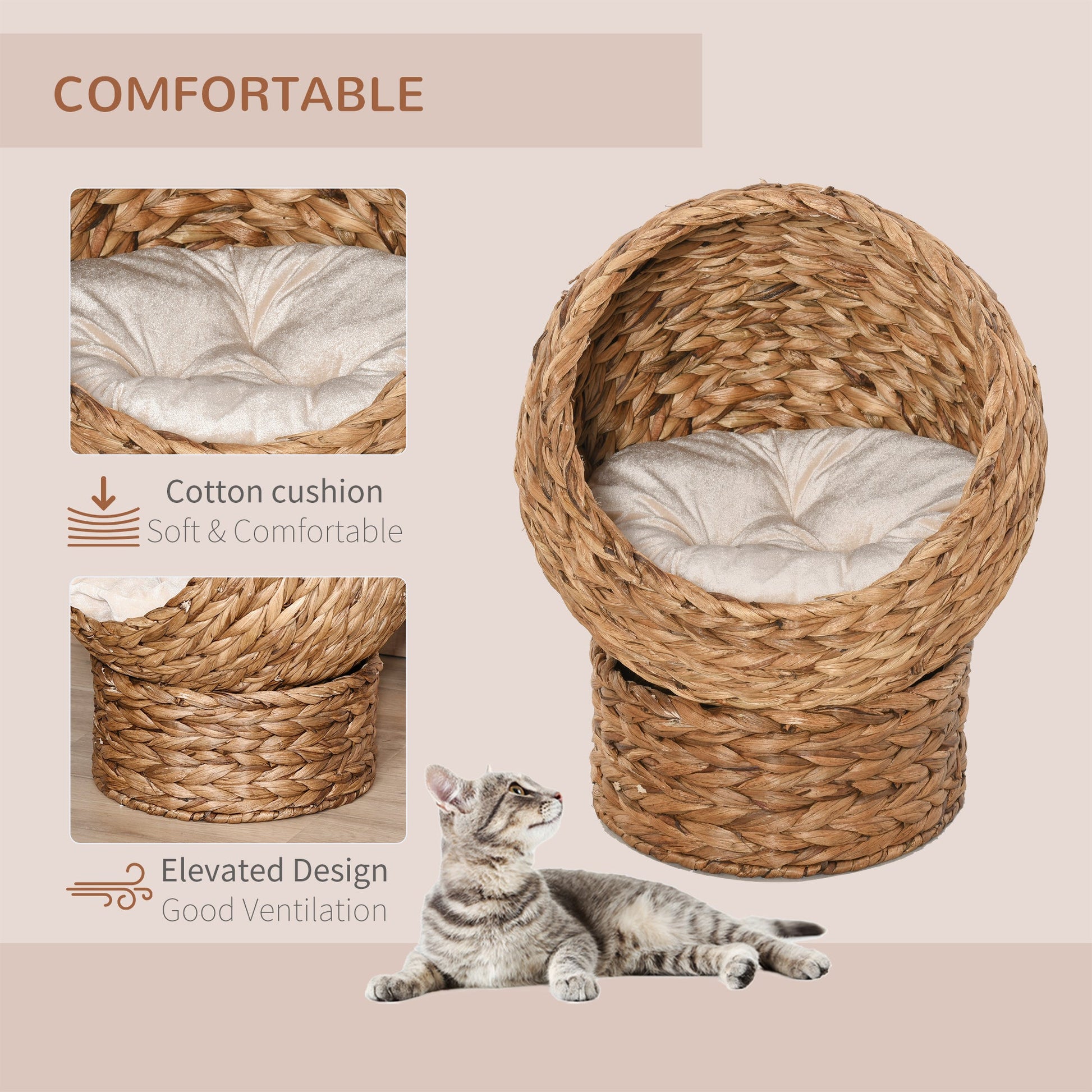 Woven Banana Leaf Elevated Cat Bed Wicker Kitten Basket Pet Den. House Cosy Cave with Soft Cushion Dome 50x42x60cm Brown