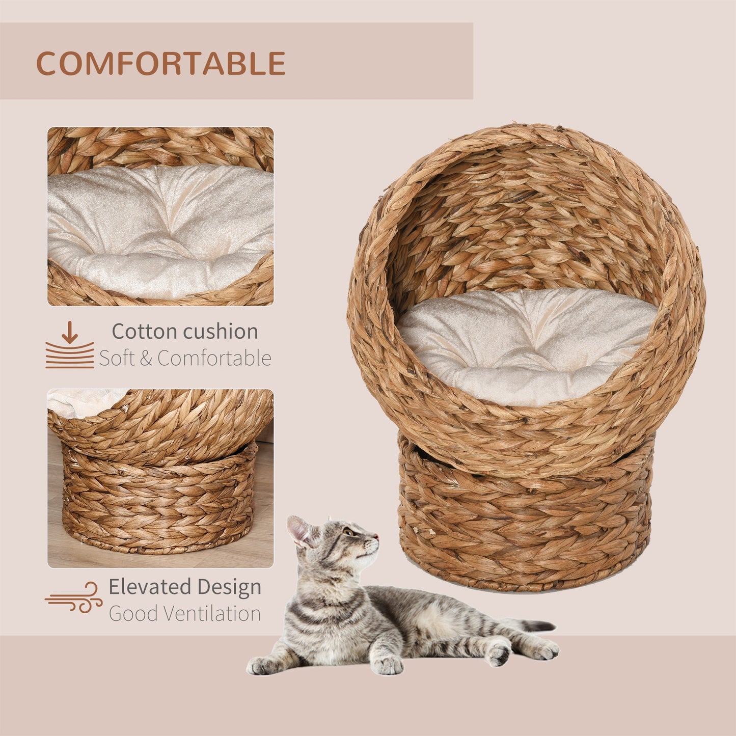 Woven Banana Leaf Elevated Cat Bed Wicker Kitten Basket Pet Den. House Cosy Cave with Soft Cushion Dome 50x42x60cm Brown
