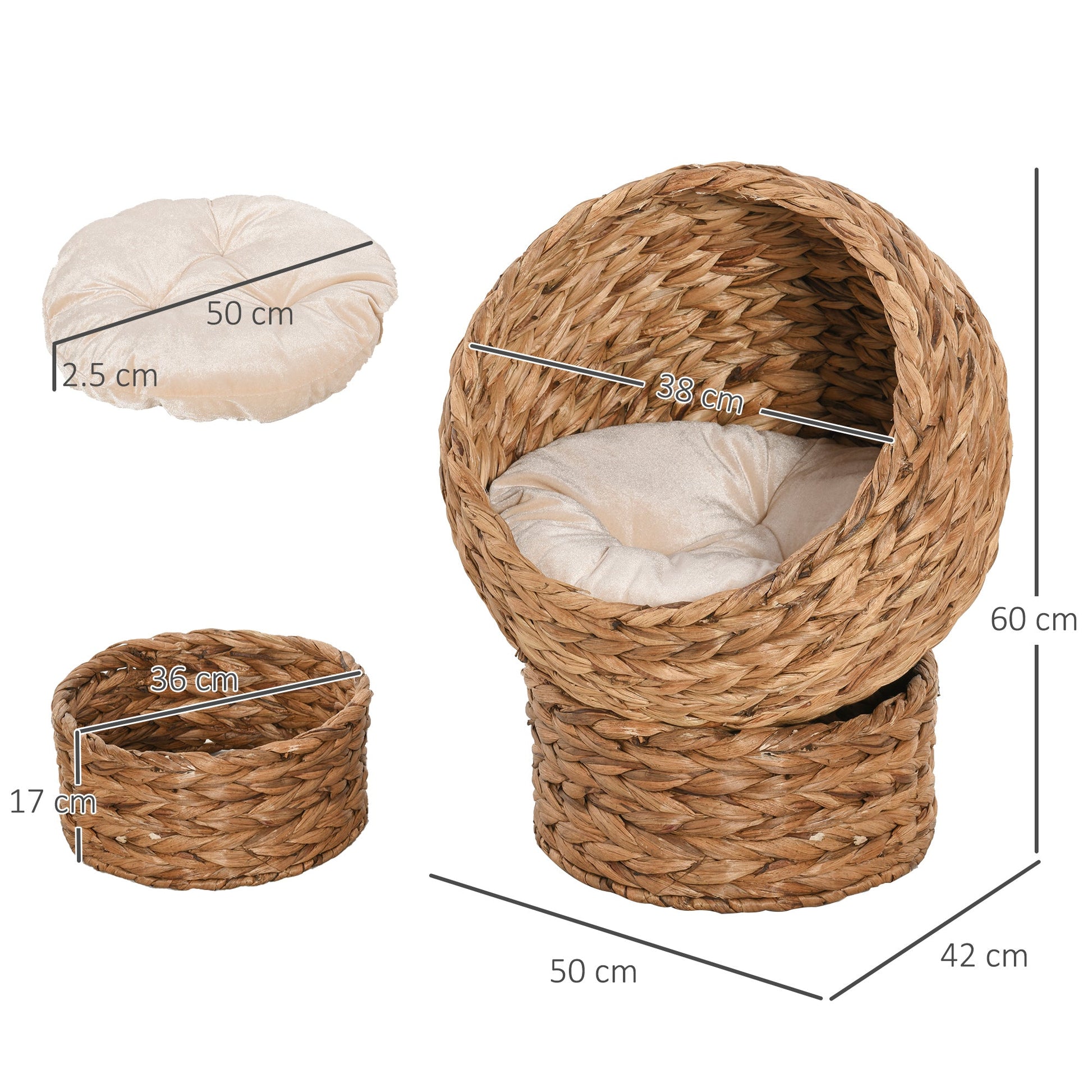 Woven Banana Leaf Elevated Cat Bed Wicker Kitten Basket Pet Den. House Cosy Cave with Soft Cushion Dome 50x42x60cm Brown