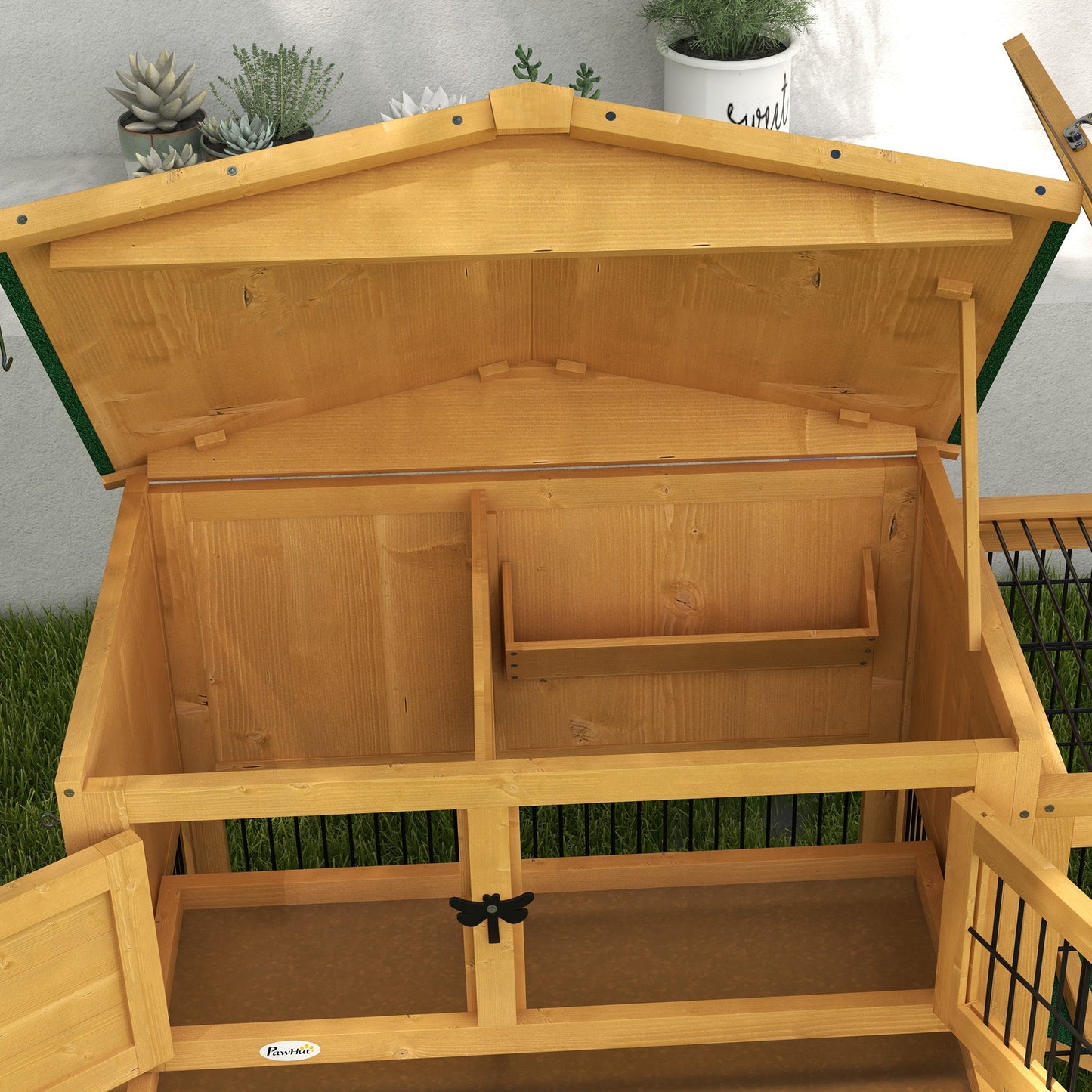 Rabbit Hutch Outdoor, Wooden Guinea Pig Hutch with Run, Openable Roof, Pull-Out Tray, Ramp for 1-2 Rabbits, 150 x 52.5 x 68 cm, Yellow