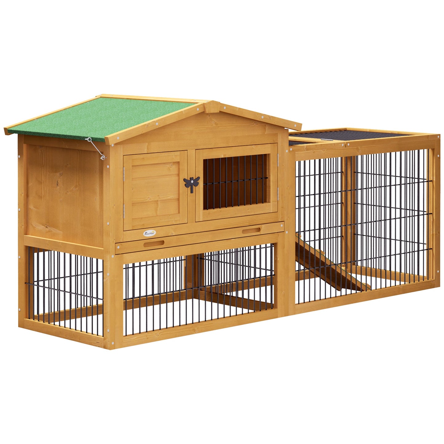 Rabbit Hutch Outdoor, Wooden Guinea Pig Hutch with Run, Openable Roof, Pull-Out Tray, Ramp for 1-2 Rabbits, 150 x 52.5 x 68 cm, Yellow