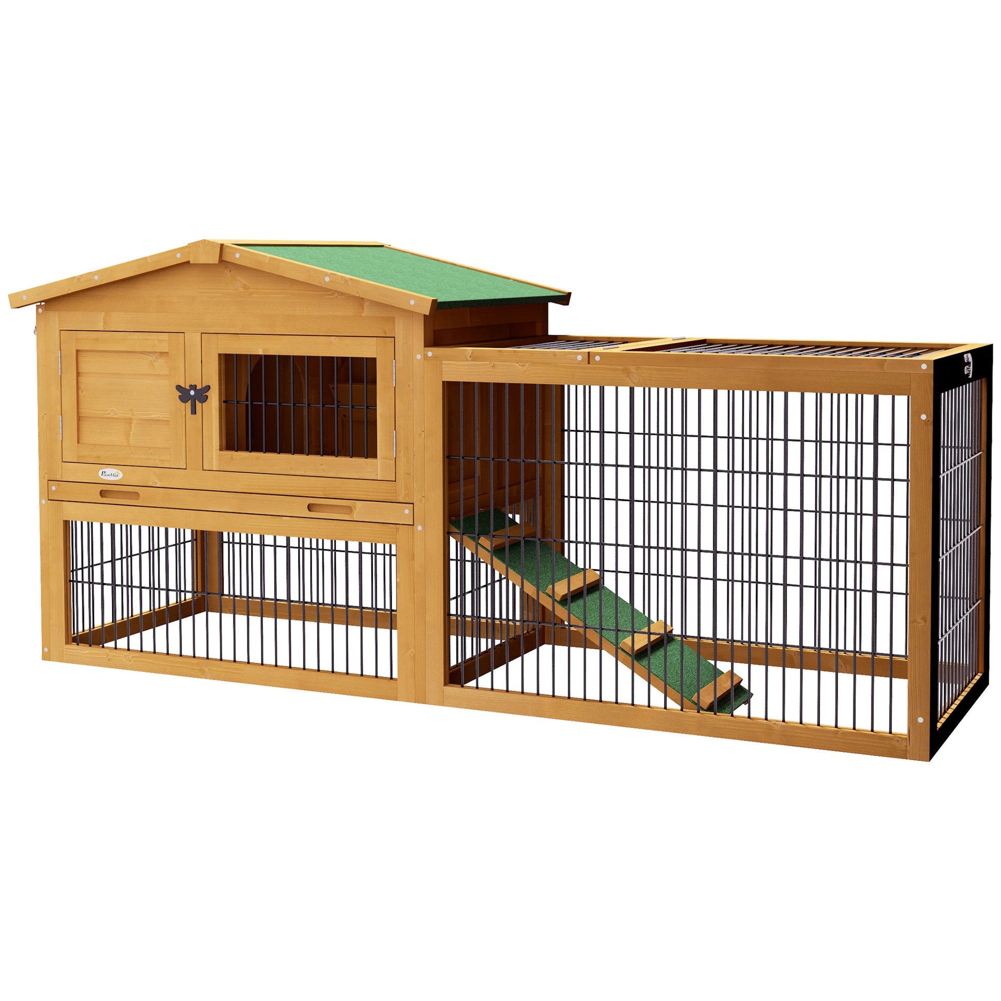 Rabbit Hutch Outdoor, Wooden Guinea Pig Hutch with Run, Openable Roof, Pull-Out Tray, Ramp for 1-2 Rabbits, 150 x 52.5 x 68 cm, Yellow