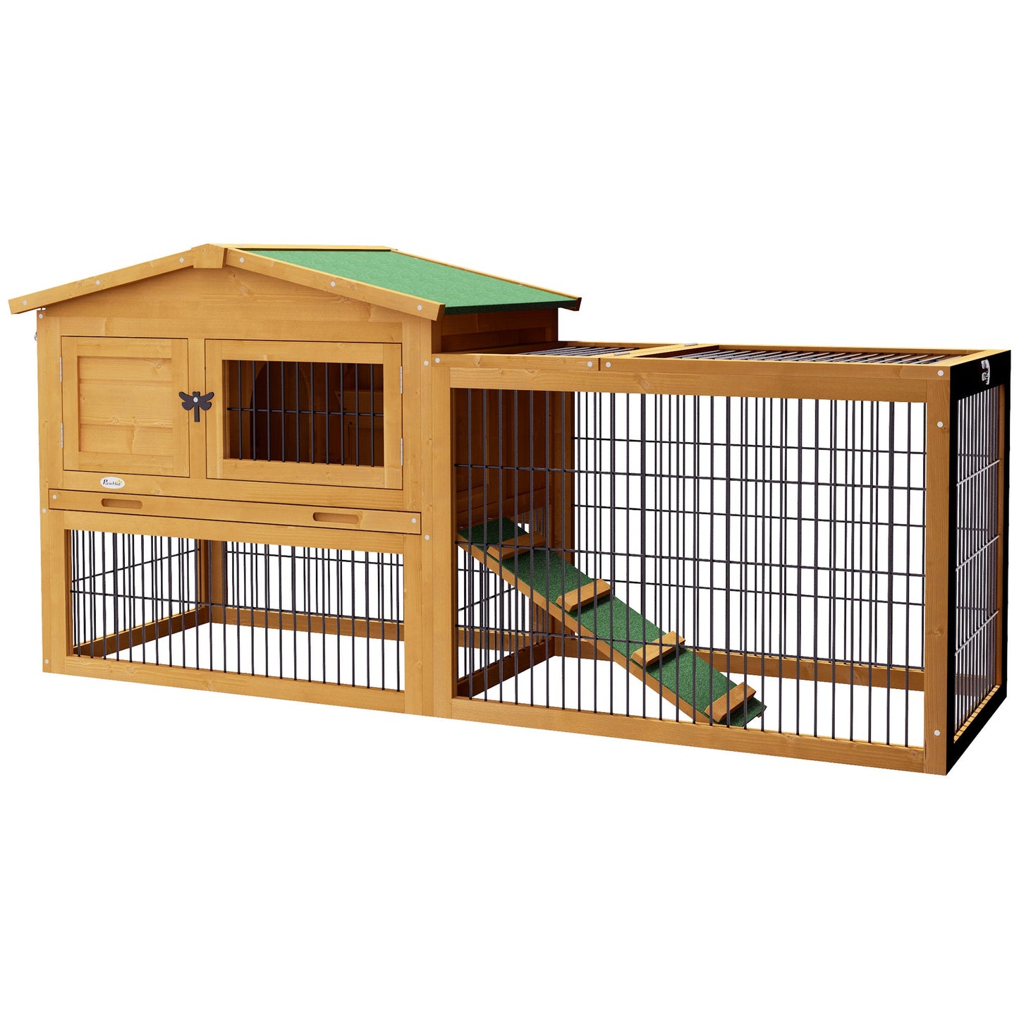 Rabbit Hutch Outdoor, Wooden Guinea Pig Hutch with Run, Openable Roof, Pull-Out Tray, Ramp for 1-2 Rabbits, 150 x 52.5 x 68 cm, Yellow