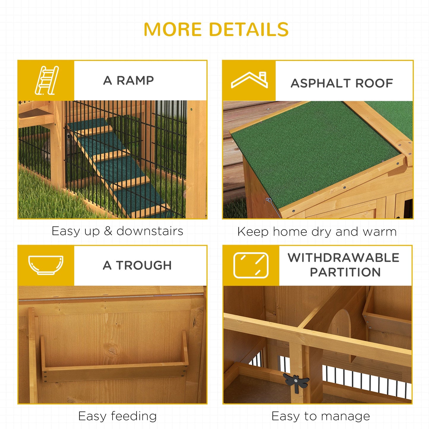 Rabbit Hutch Outdoor, Wooden Guinea Pig Hutch with Run, Openable Roof, Pull-Out Tray, Ramp for 1-2 Rabbits, 150 x 52.5 x 68 cm, Yellow