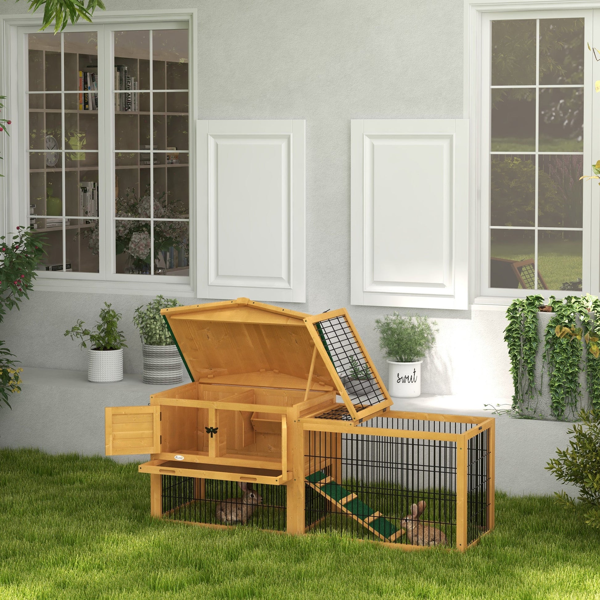 Rabbit Hutch Outdoor, Wooden Guinea Pig Hutch with Run, Openable Roof, Pull-Out Tray, Ramp for 1-2 Rabbits, 150 x 52.5 x 68 cm, Yellow