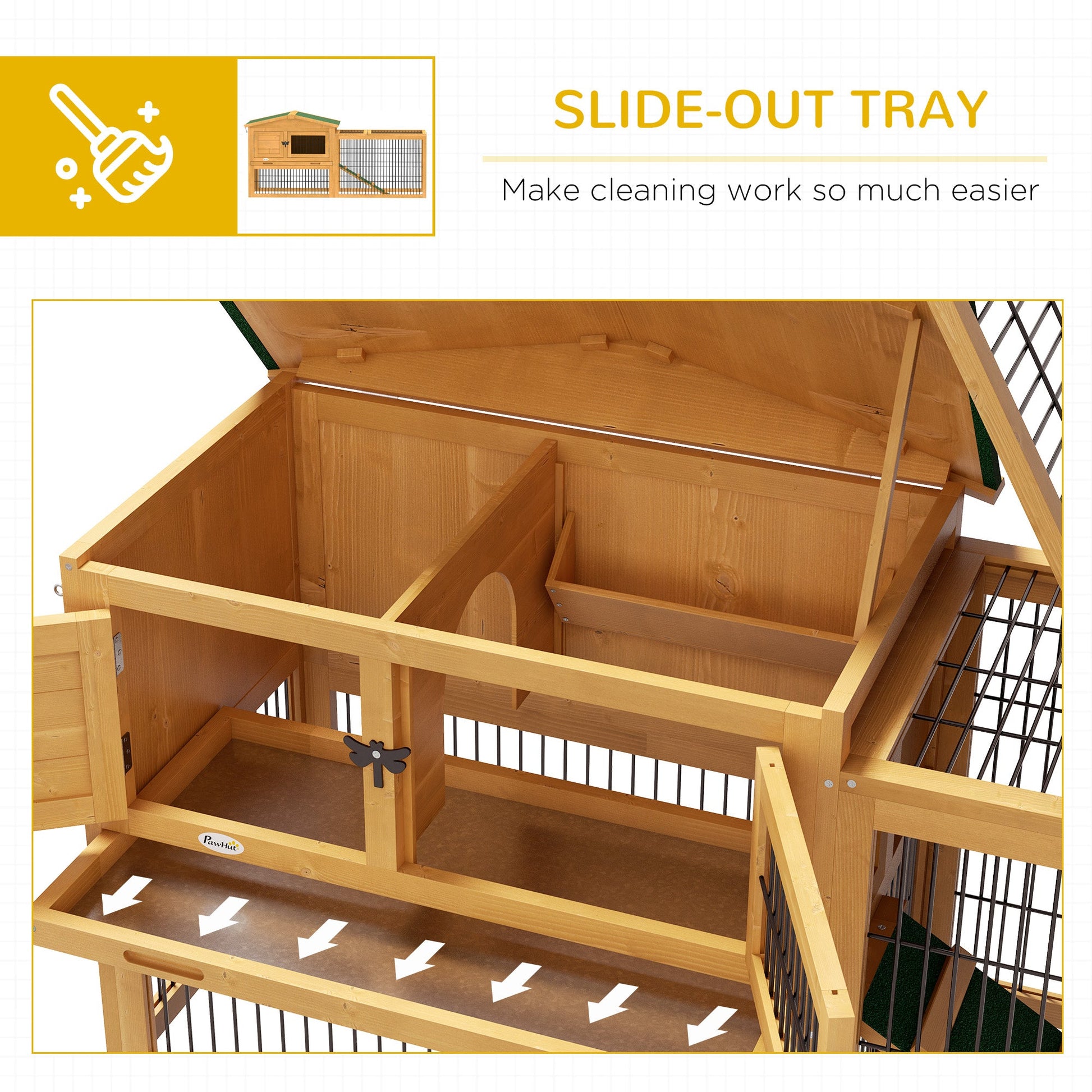 Rabbit Hutch Outdoor, Wooden Guinea Pig Hutch with Run, Openable Roof, Pull-Out Tray, Ramp for 1-2 Rabbits, 150 x 52.5 x 68 cm, Yellow