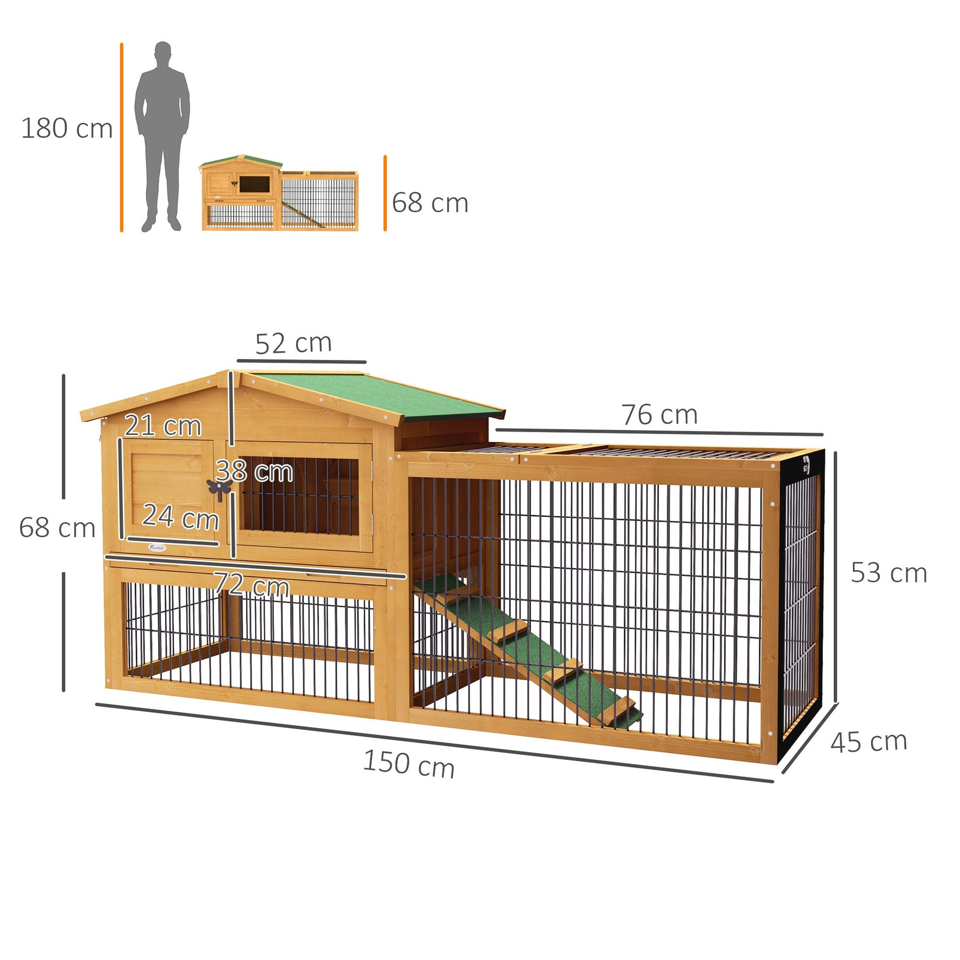 Rabbit Hutch Outdoor, Wooden Guinea Pig Hutch with Run, Openable Roof, Pull-Out Tray, Ramp for 1-2 Rabbits, 150 x 52.5 x 68 cm, Yellow