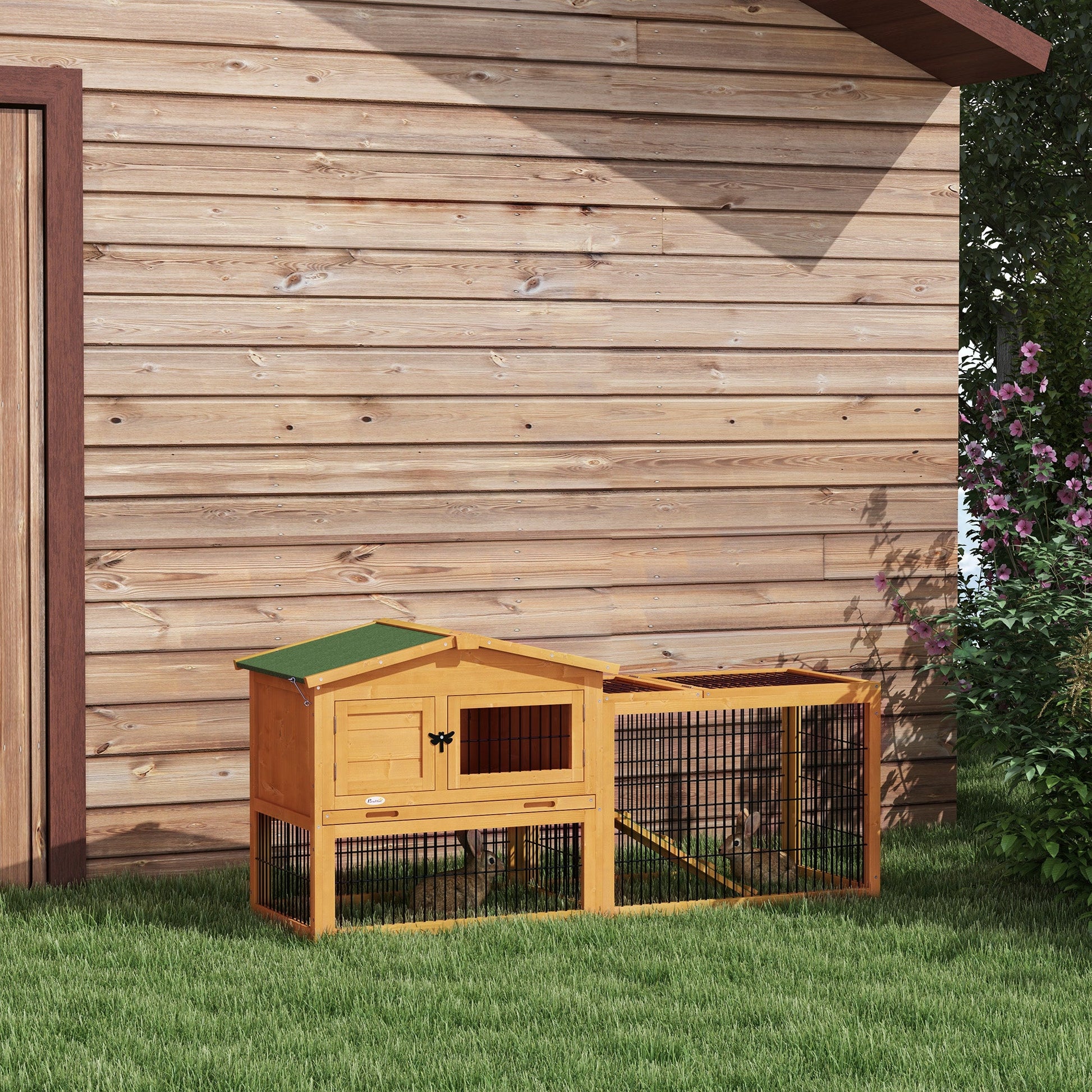 Rabbit Hutch Outdoor, Wooden Guinea Pig Hutch with Run, Openable Roof, Pull-Out Tray, Ramp for 1-2 Rabbits, 150 x 52.5 x 68 cm, Yellow