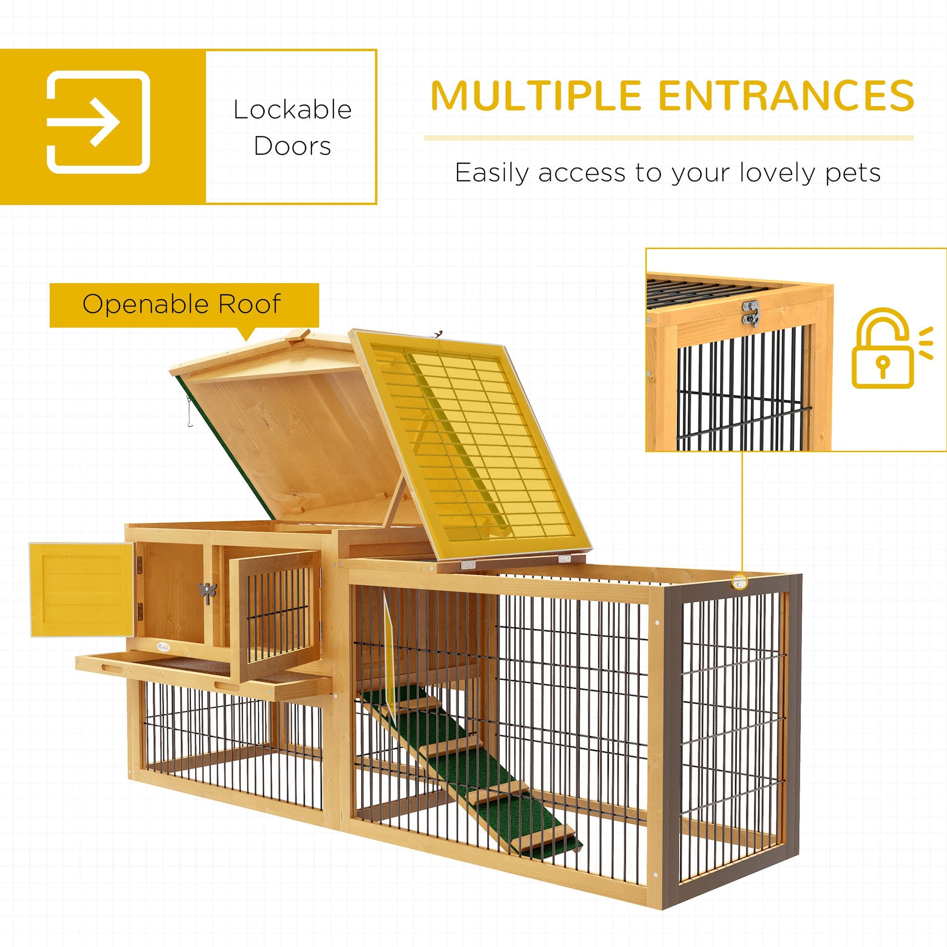 Rabbit Hutch Outdoor, Wooden Guinea Pig Hutch with Run, Openable Roof, Pull-Out Tray, Ramp for 1-2 Rabbits, 150 x 52.5 x 68 cm, Yellow