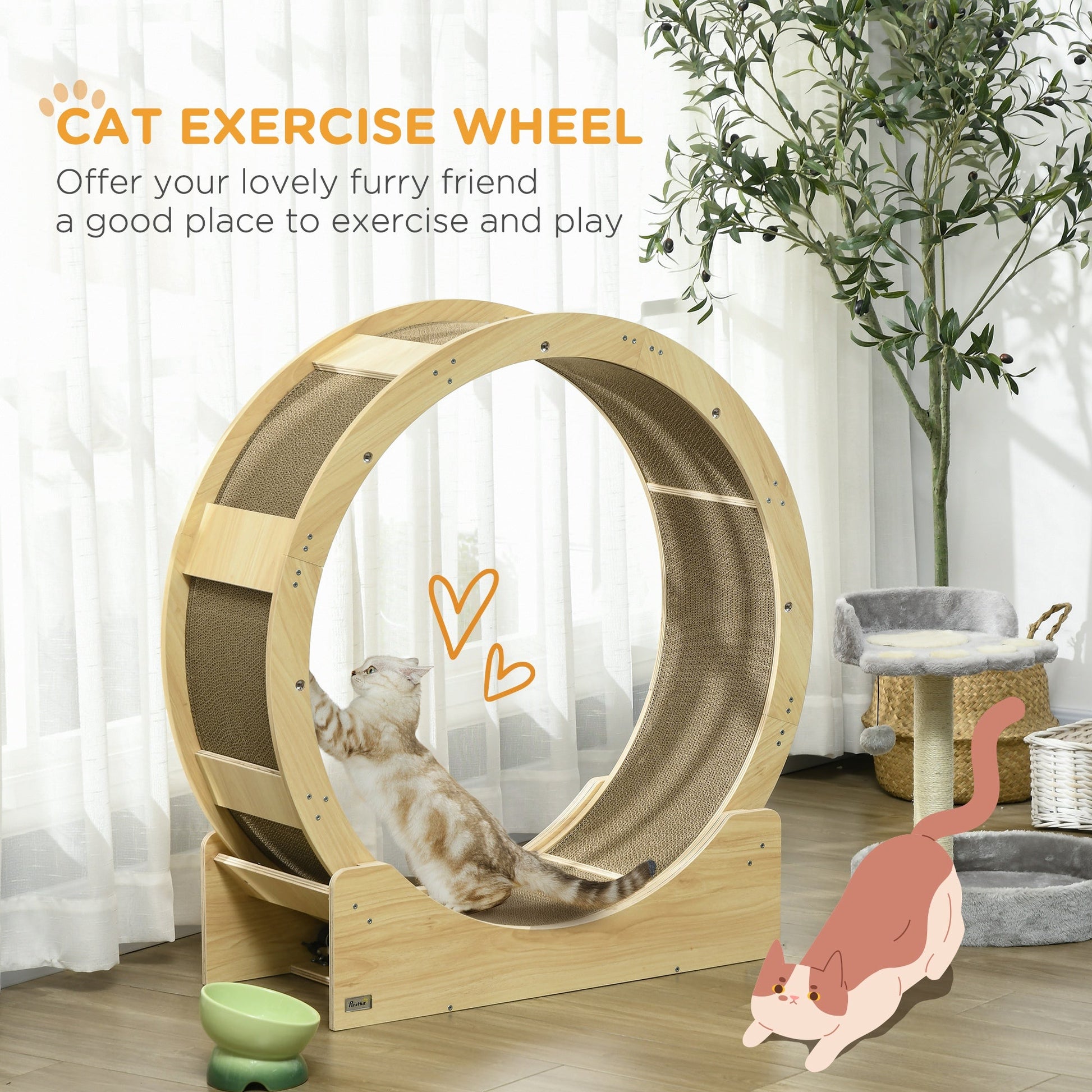 Cat Wheel for Indoor Cats, Cat Treadmill with Brake, Scratching Pads, Cat Exercise Wheel for Health - Oak Tone