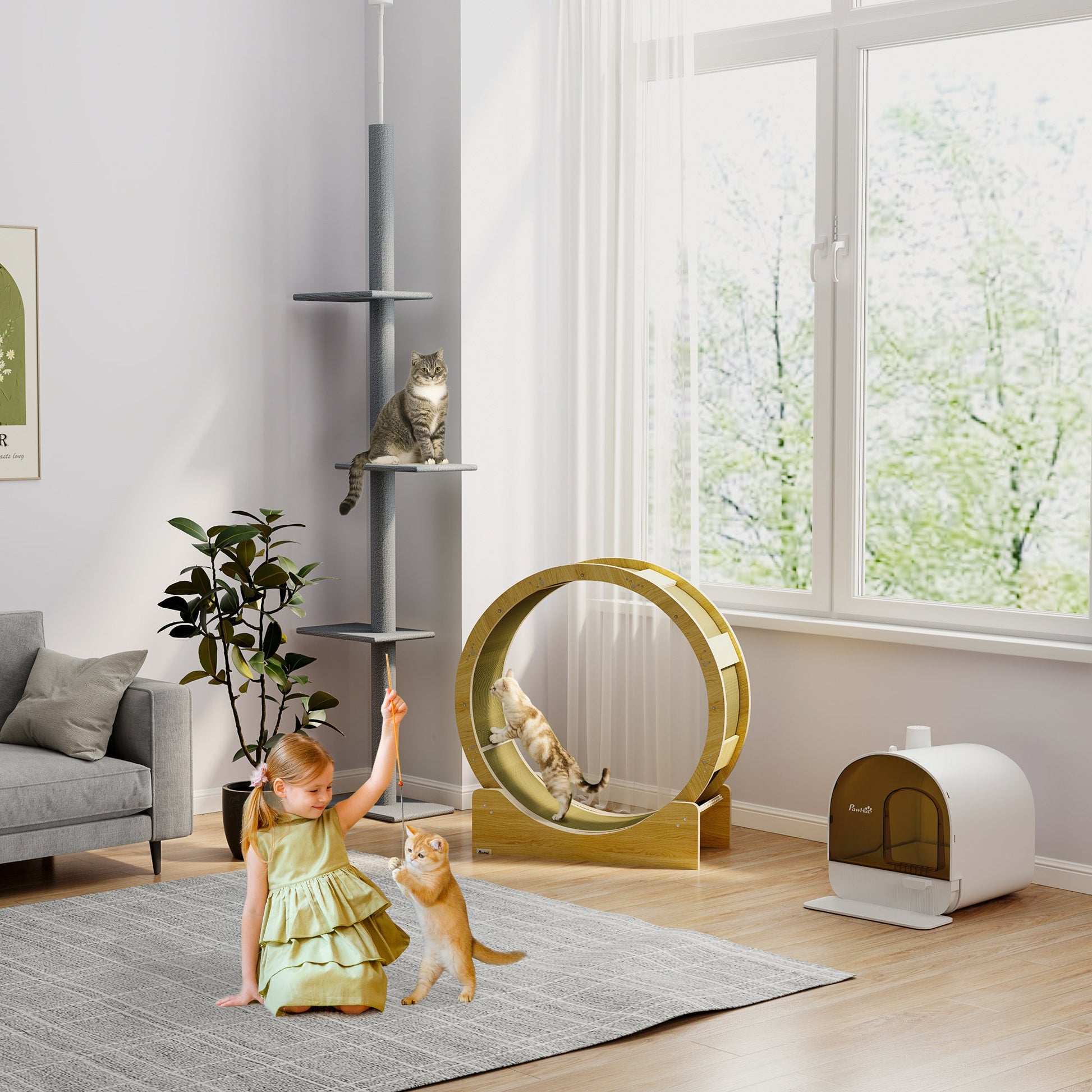 Cat Wheel for Indoor Cats, Cat Treadmill with Brake, Scratching Pads, Cat Exercise Wheel for Health - Oak Tone