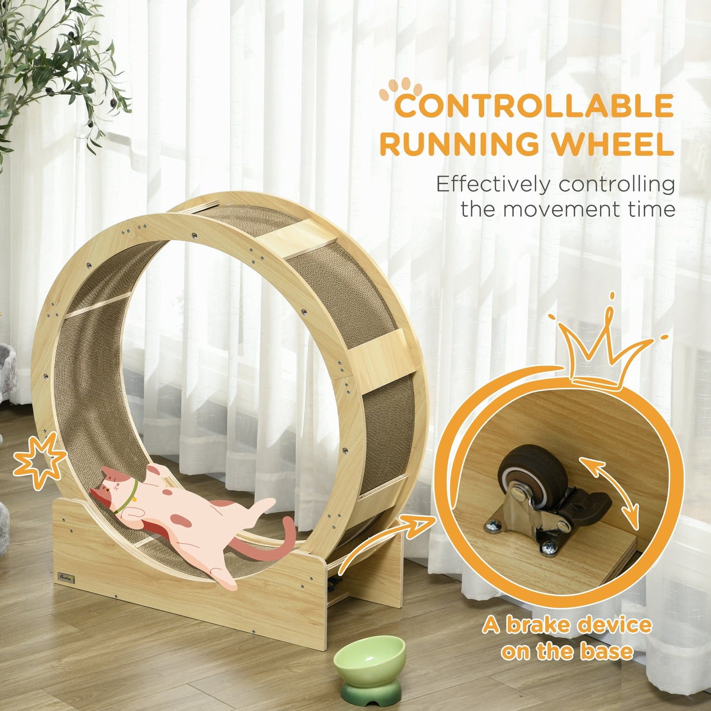 Cat Wheel for Indoor Cats, Cat Treadmill with Brake, Scratching Pads, Cat Exercise Wheel for Health - Oak Tone