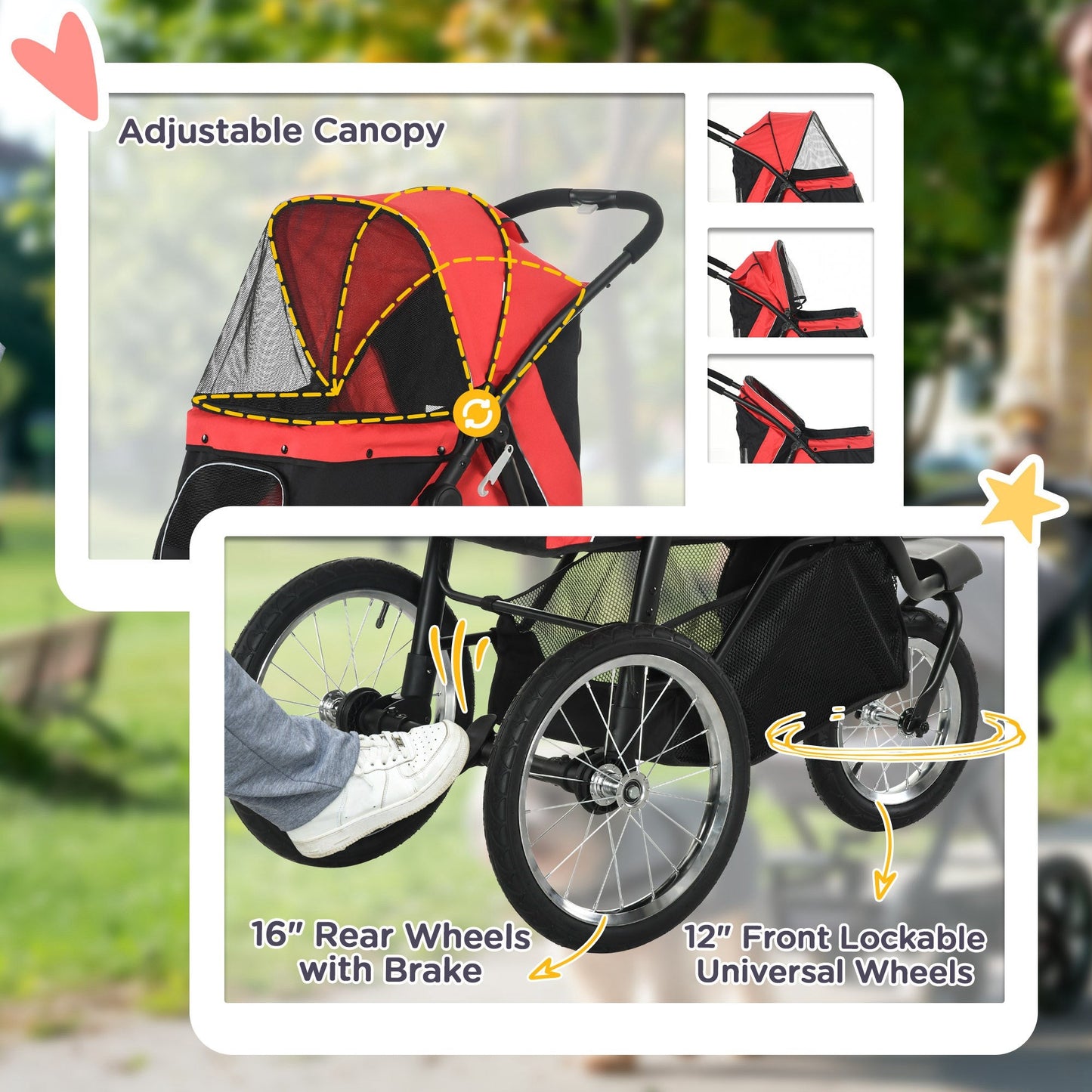 Dog Pram Dog Stroller Jogger Foldable Pet Pushchair for Medium, Small Dogs, w/ Rubber Wheels, Washable Cushion - Red