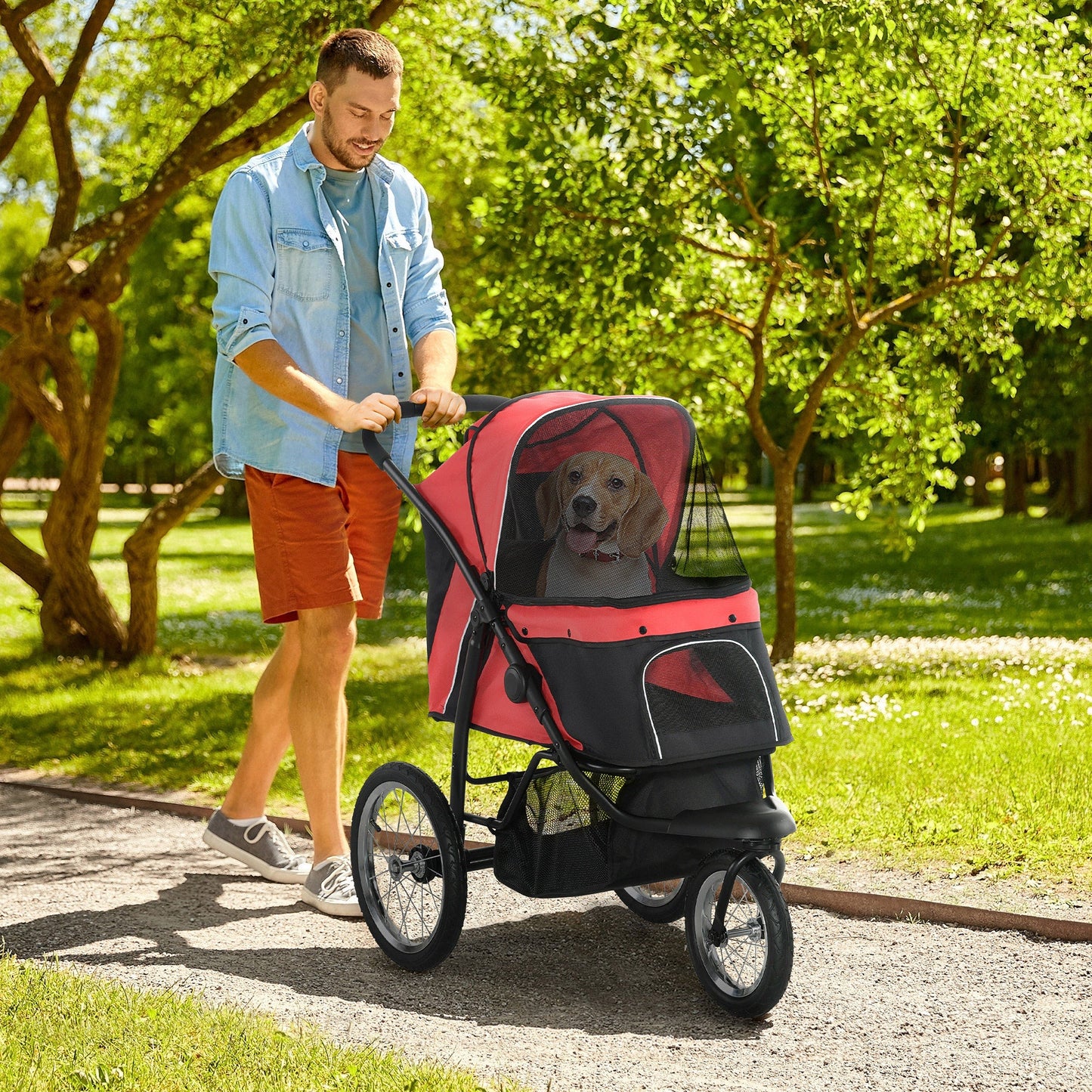 Dog Pram Dog Stroller Jogger Foldable Pet Pushchair for Medium, Small Dogs, w/ Rubber Wheels, Washable Cushion - Red