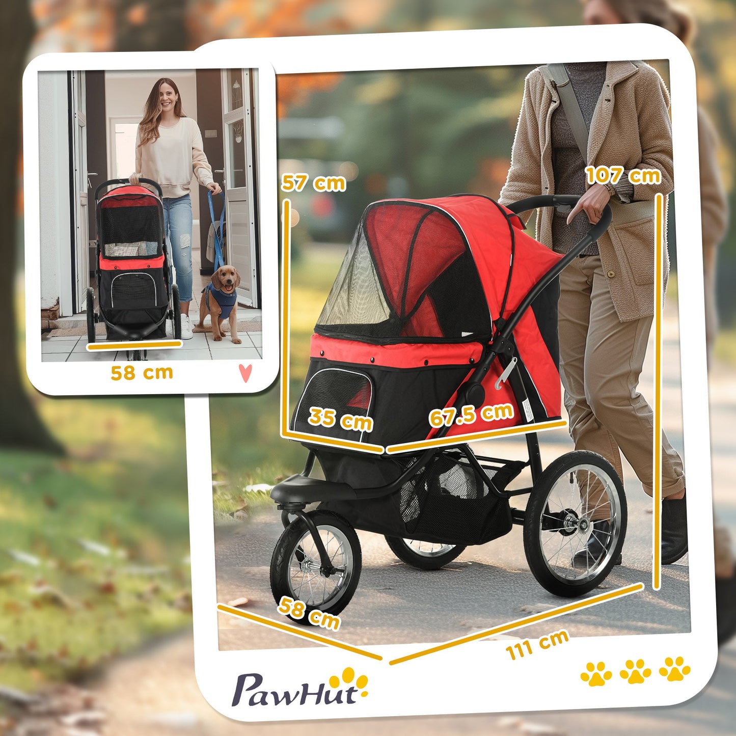 Dog Pram Dog Stroller Jogger Foldable Pet Pushchair for Medium, Small Dogs, w/ Rubber Wheels, Washable Cushion - Red