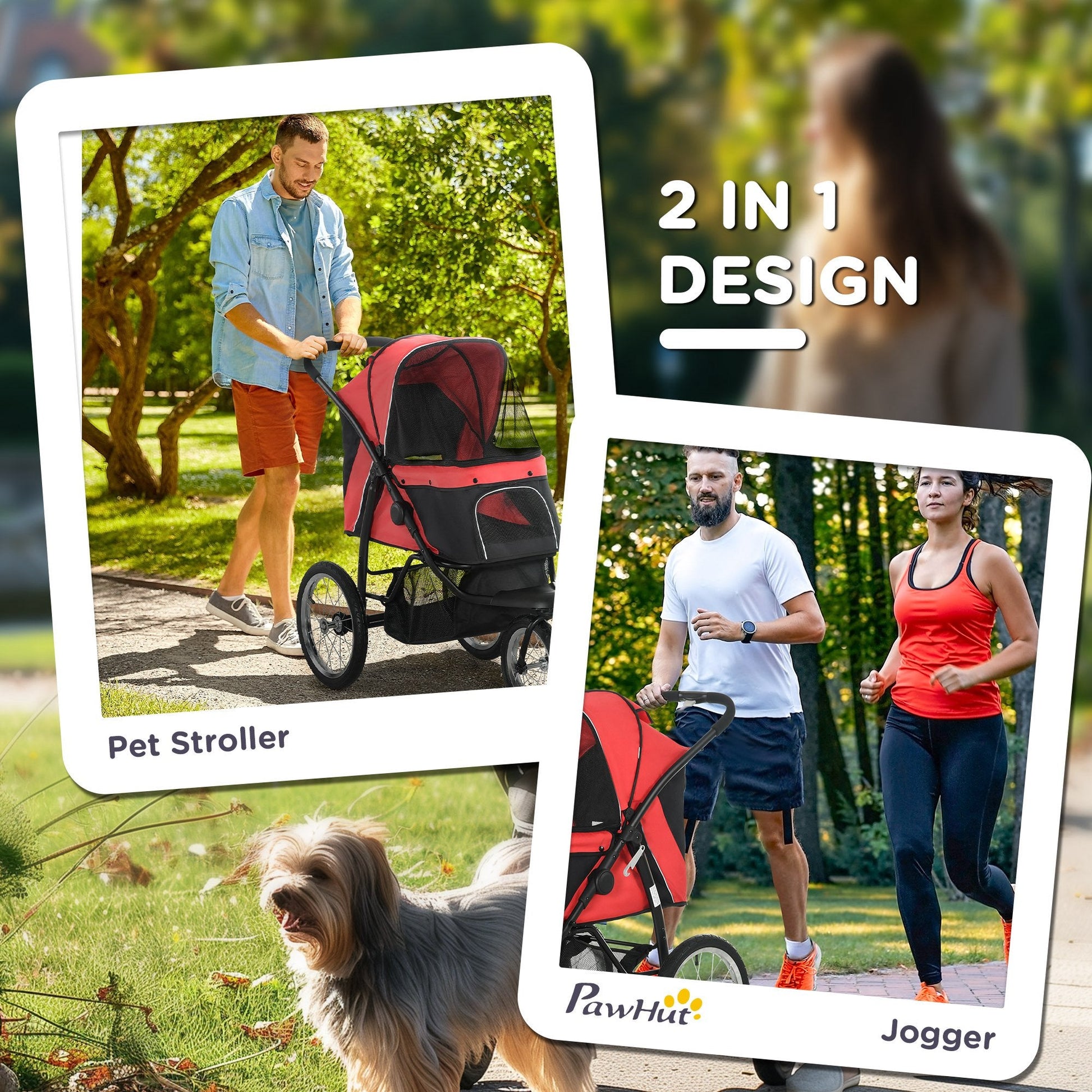 Dog Pram Dog Stroller Jogger Foldable Pet Pushchair for Medium, Small Dogs, w/ Rubber Wheels, Washable Cushion - Red