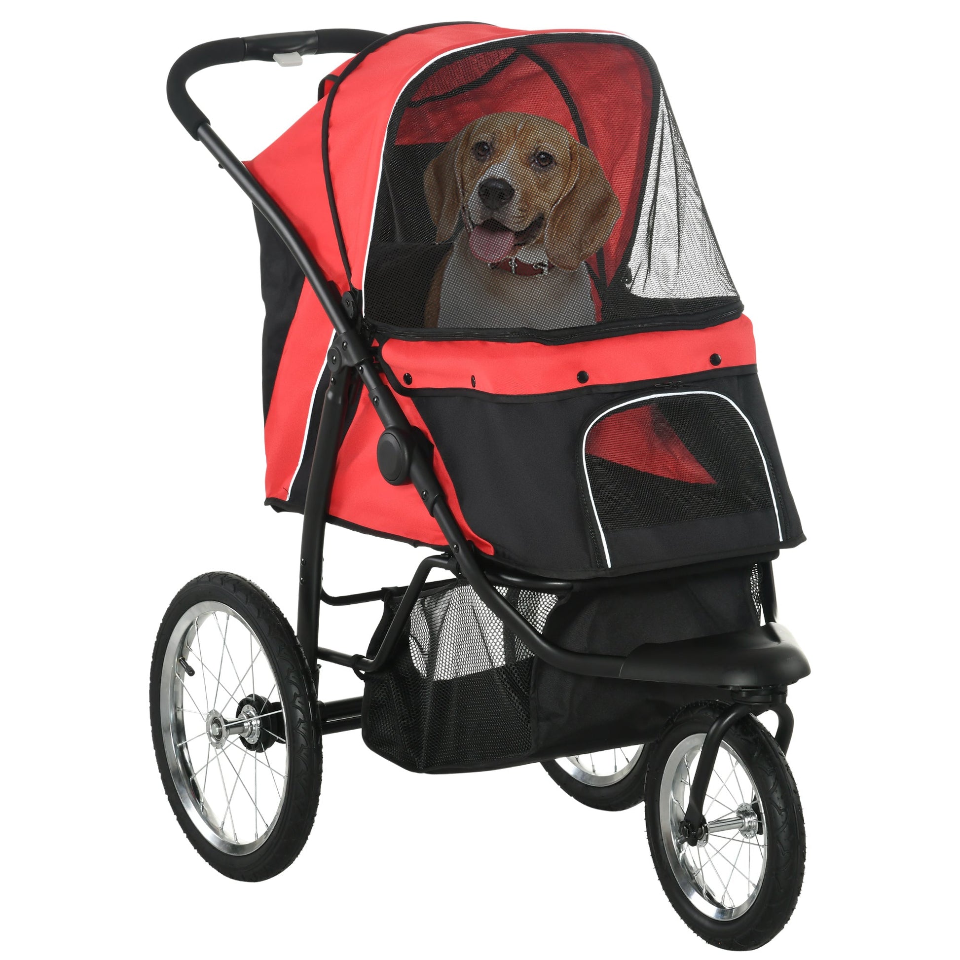 Dog Pram Dog Stroller Jogger Foldable Pet Pushchair for Medium, Small Dogs, w/ Rubber Wheels, Washable Cushion - Red
