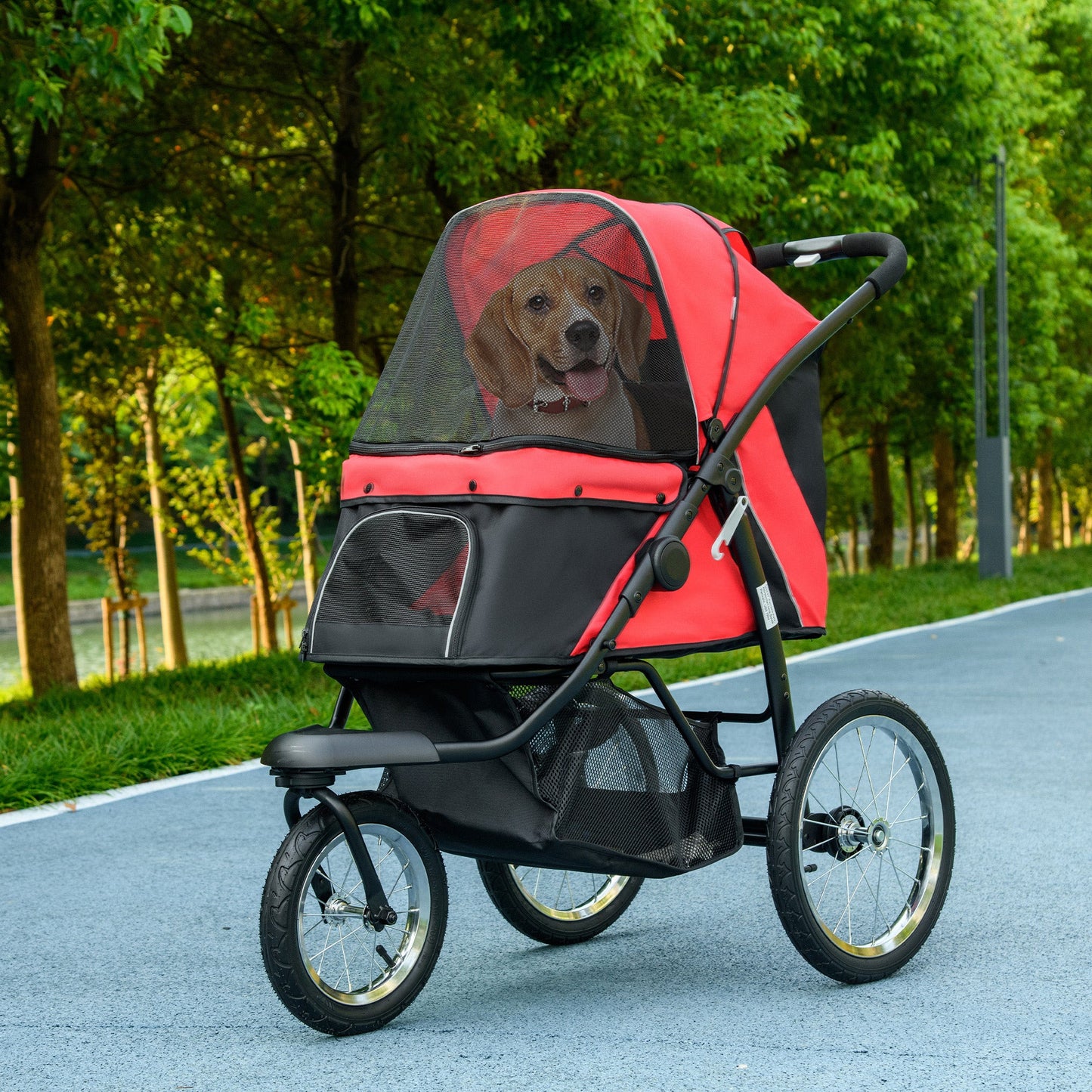 Dog Pram Dog Stroller Jogger Foldable Pet Pushchair for Medium, Small Dogs, w/ Rubber Wheels, Washable Cushion - Red