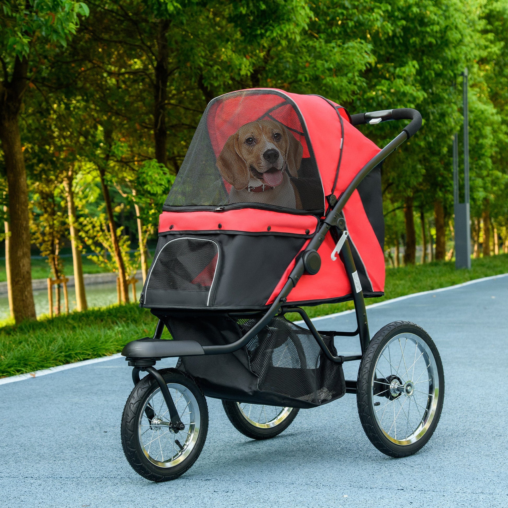 Dog Pram Dog Stroller Jogger Foldable Pet Pushchair for Medium, Small Dogs, w/ Rubber Wheels, Washable Cushion - Red