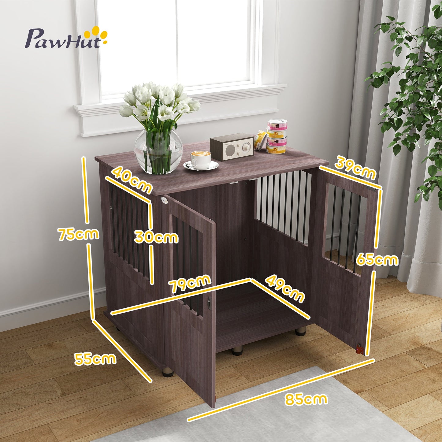Dog Crate Furniture End Table, Pet Kennel for Small and Medium Dogs with Magnetic Door Indoor Animal Cage, Purple, 85 x 55 x 75 cm