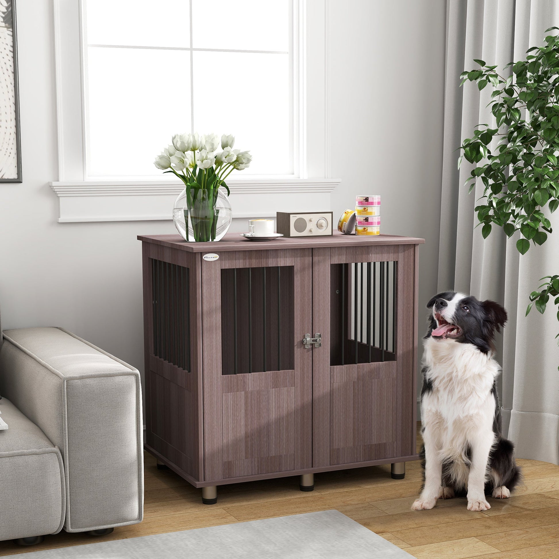 Dog Crate Furniture End Table, Pet Kennel for Small and Medium Dogs with Magnetic Door Indoor Animal Cage, Purple, 85 x 55 x 75 cm