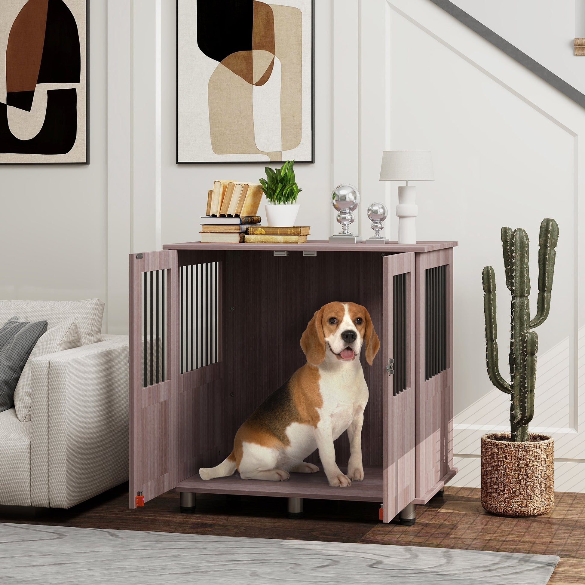 Dog Crate Furniture End Table, Pet Kennel for Small and Medium Dogs with Magnetic Door Indoor Animal Cage, Purple, 85 x 55 x 75 cm