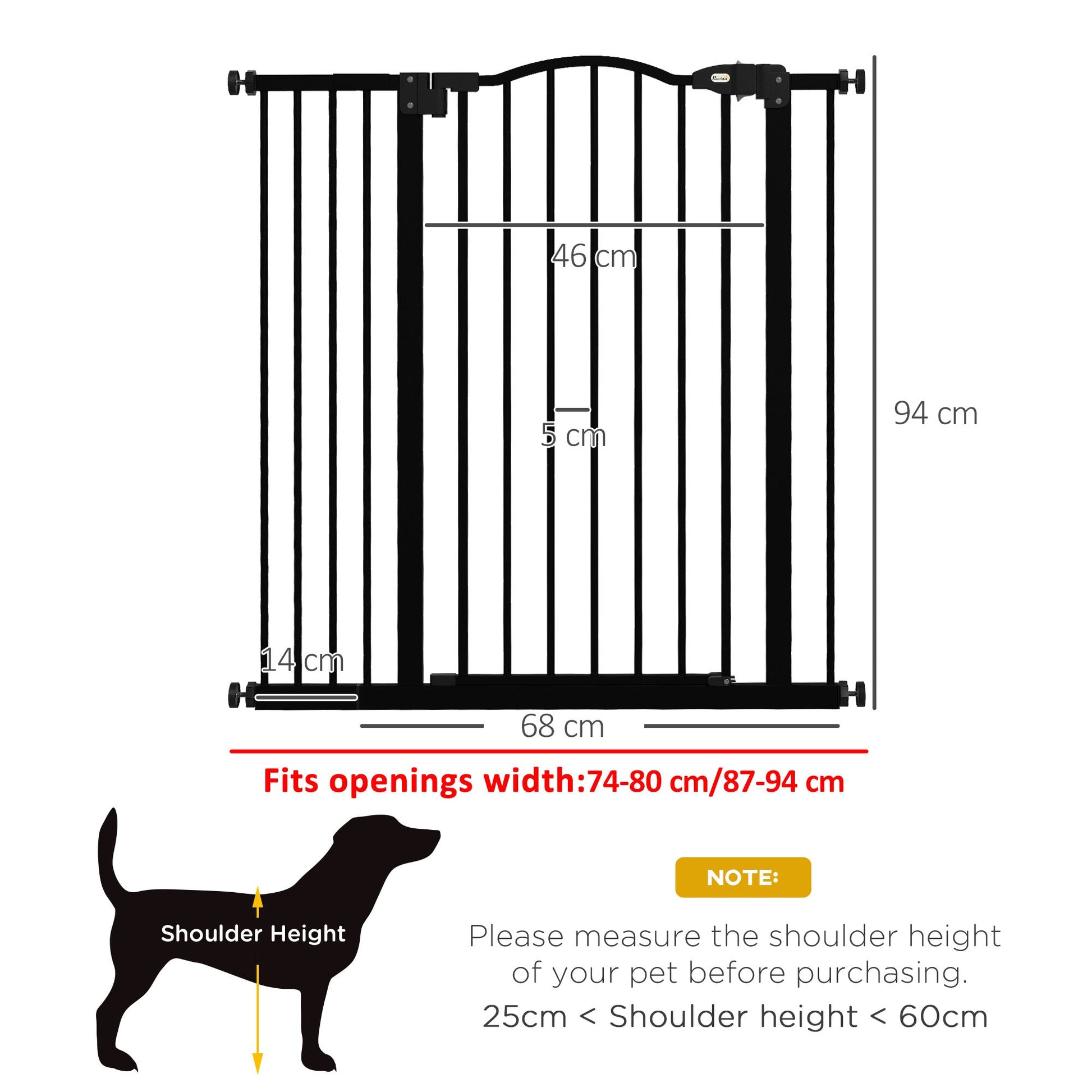 Pressure Fit Dog Stair Gate No Drilling Safety Gate Auto Close for Doorways, Hallways, 74-94cm Adjustable, 94cm Tall, Black