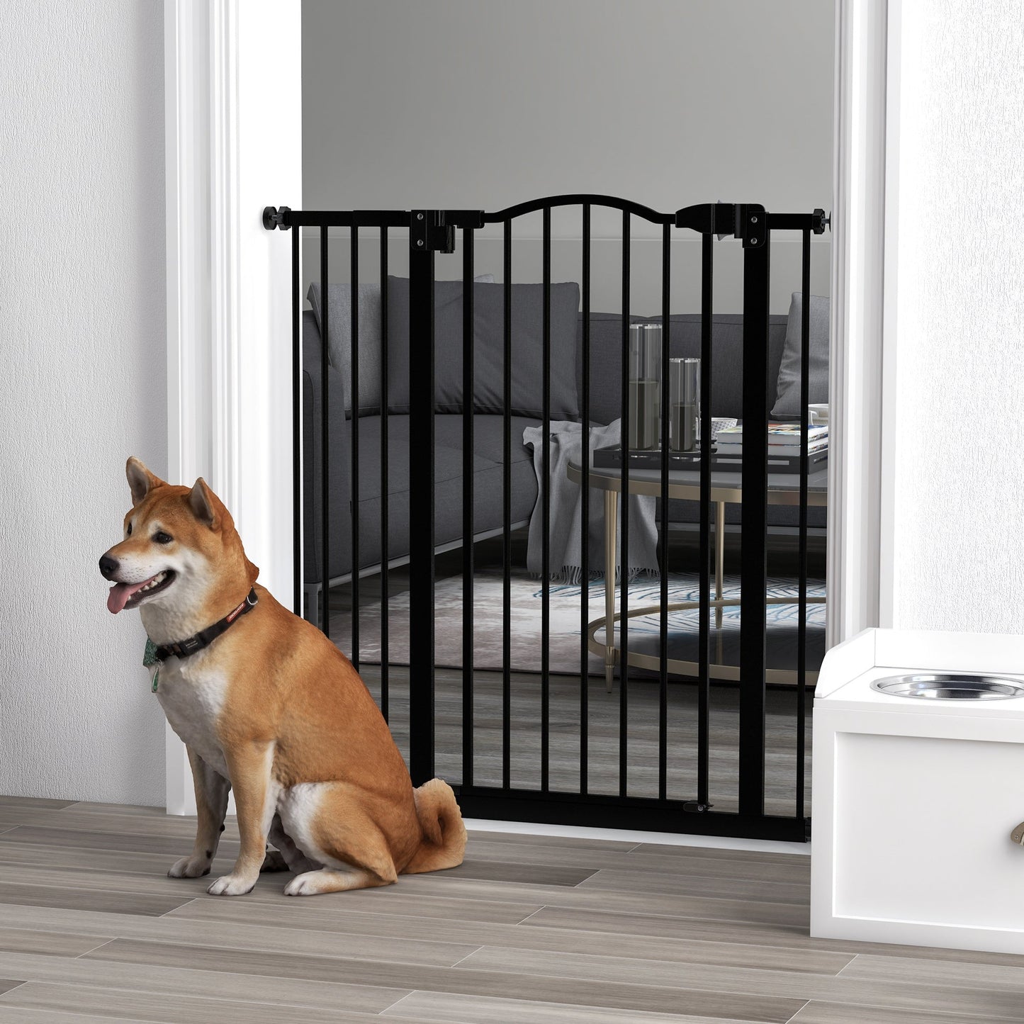 Pressure Fit Dog Stair Gate No Drilling Safety Gate Auto Close for Doorways, Hallways, 74-94cm Adjustable, 94cm Tall, Black