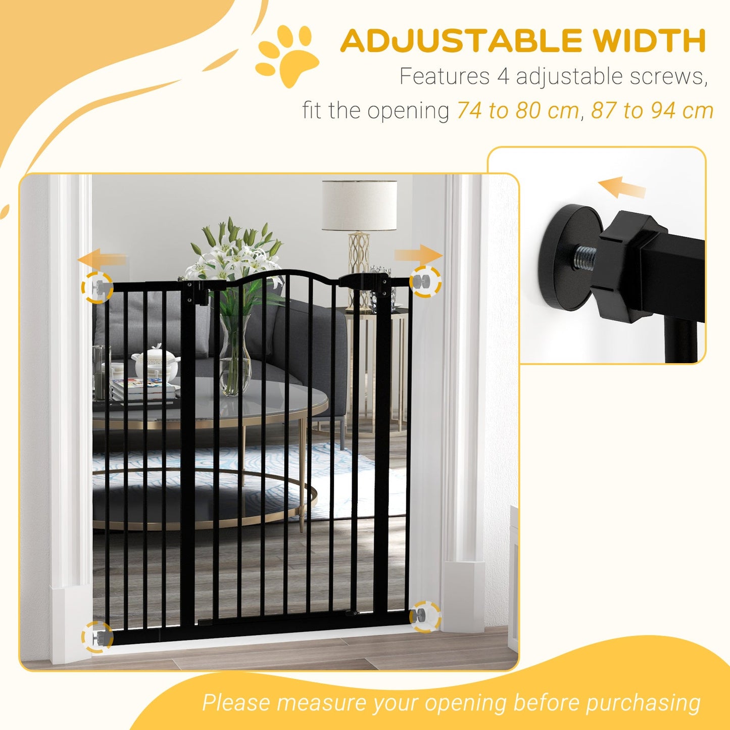 Pressure Fit Dog Stair Gate No Drilling Safety Gate Auto Close for Doorways, Hallways, 74-94cm Adjustable, 94cm Tall, Black