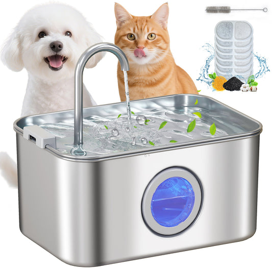 Cat Water Fountain for Drinking, 3.2L Stainless Steel Cat Fountain, Ultra-Silent, Automatic, Visible Water-Level, for Kittens, Dogs and Other Pets