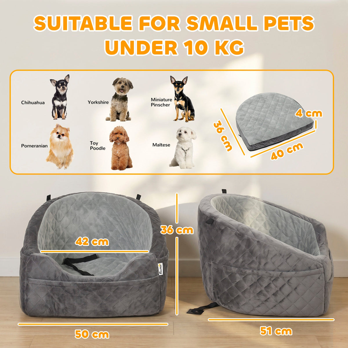 Dog Car Seat for Small Breeds Under 10kg, Dog Booster Seat Detachable Washable with Seat Belt, Thick Cushion, Portable Pet Travel Bed with Storage Pockets, Grey