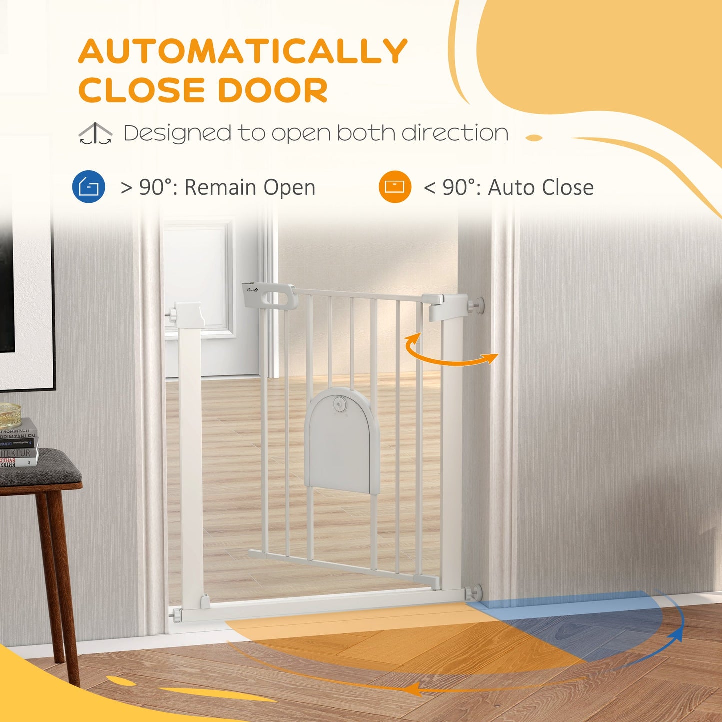 Dog Gate with Cat Flap Pet Safety Gate Barrier, Stair Pressure Fit, Auto Close, Double Locking, for Doorways, Hallways, 75-82 cm White