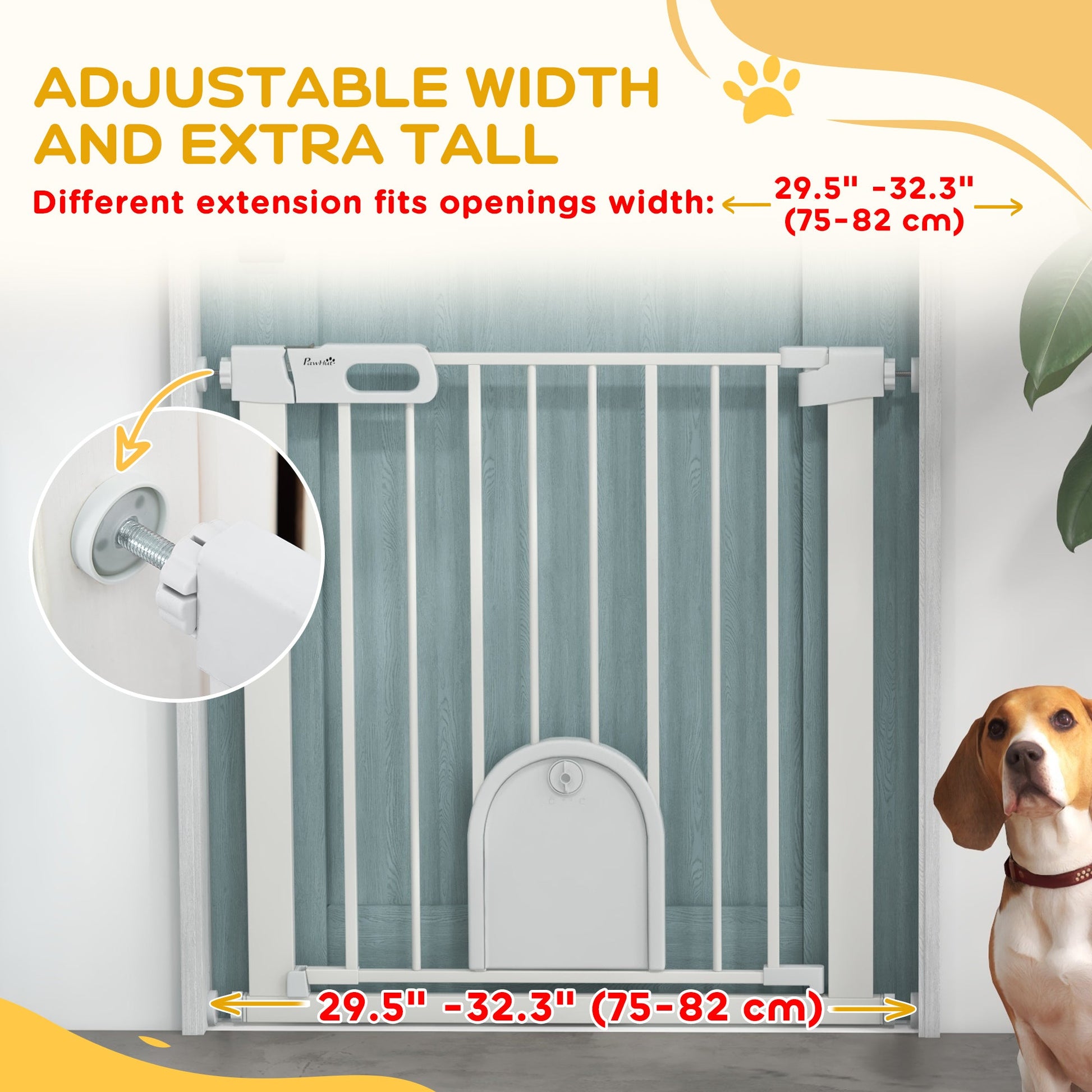 Dog Gate with Cat Flap Pet Safety Gate Barrier, Stair Pressure Fit, Auto Close, Double Locking, for Doorways, Hallways, 75-82 cm White
