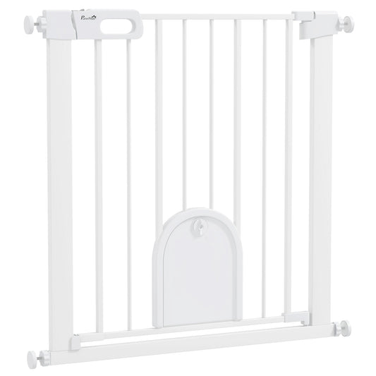 Dog Gate with Cat Flap Pet Safety Gate Barrier, Stair Pressure Fit, Auto Close, Double Locking, for Doorways, Hallways, 75-82 cm White