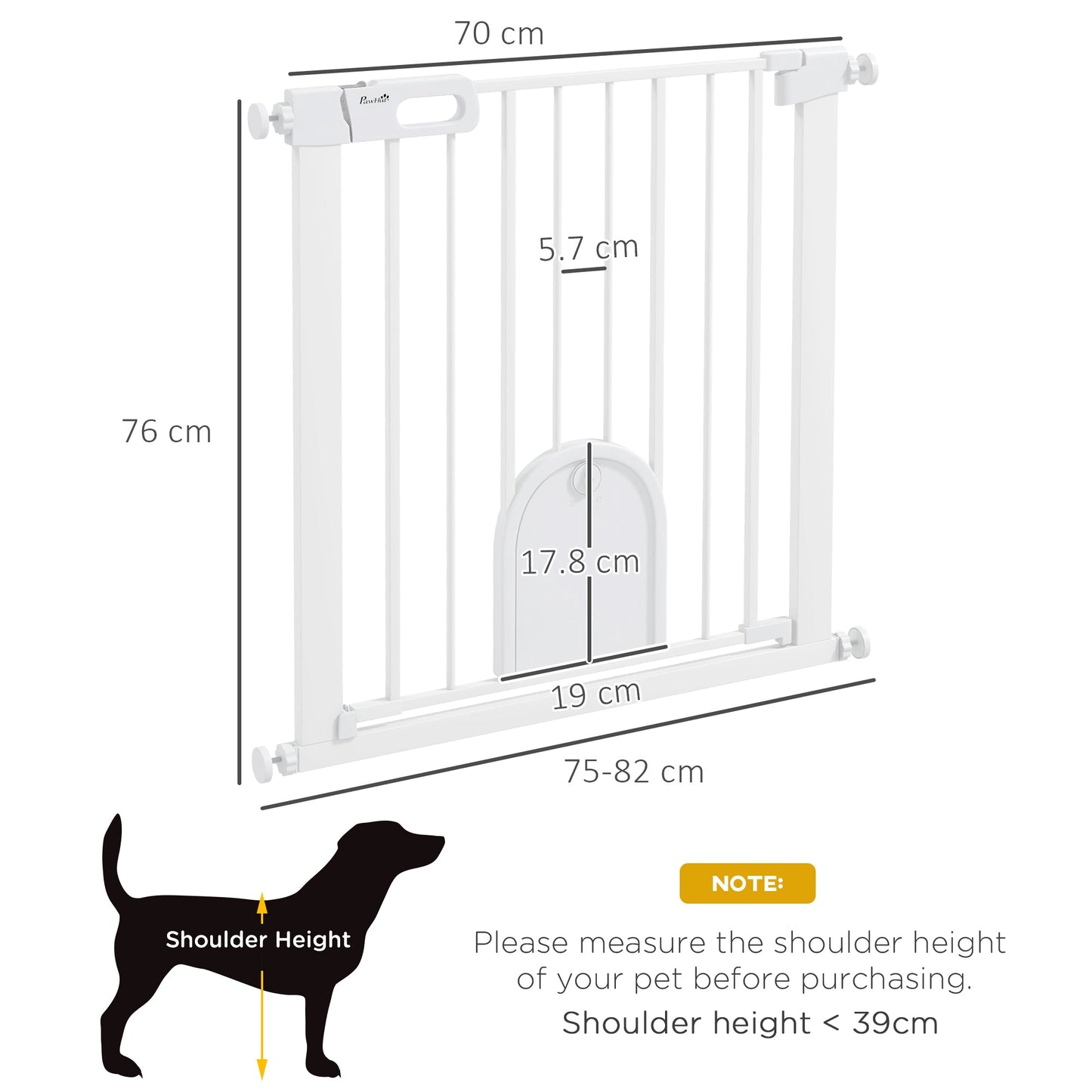 Dog Gate with Cat Flap Pet Safety Gate Barrier, Stair Pressure Fit, Auto Close, Double Locking, for Doorways, Hallways, 75-82 cm White