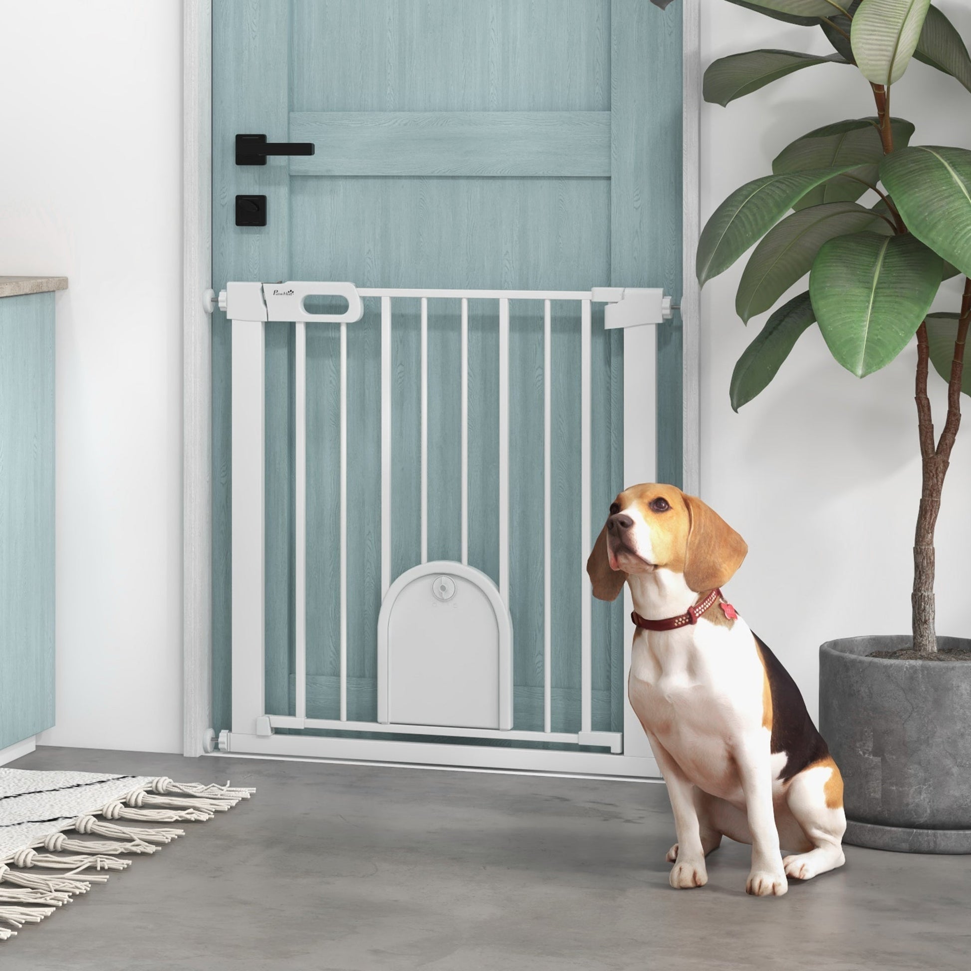 Dog Gate with Cat Flap Pet Safety Gate Barrier, Stair Pressure Fit, Auto Close, Double Locking, for Doorways, Hallways, 75-82 cm White