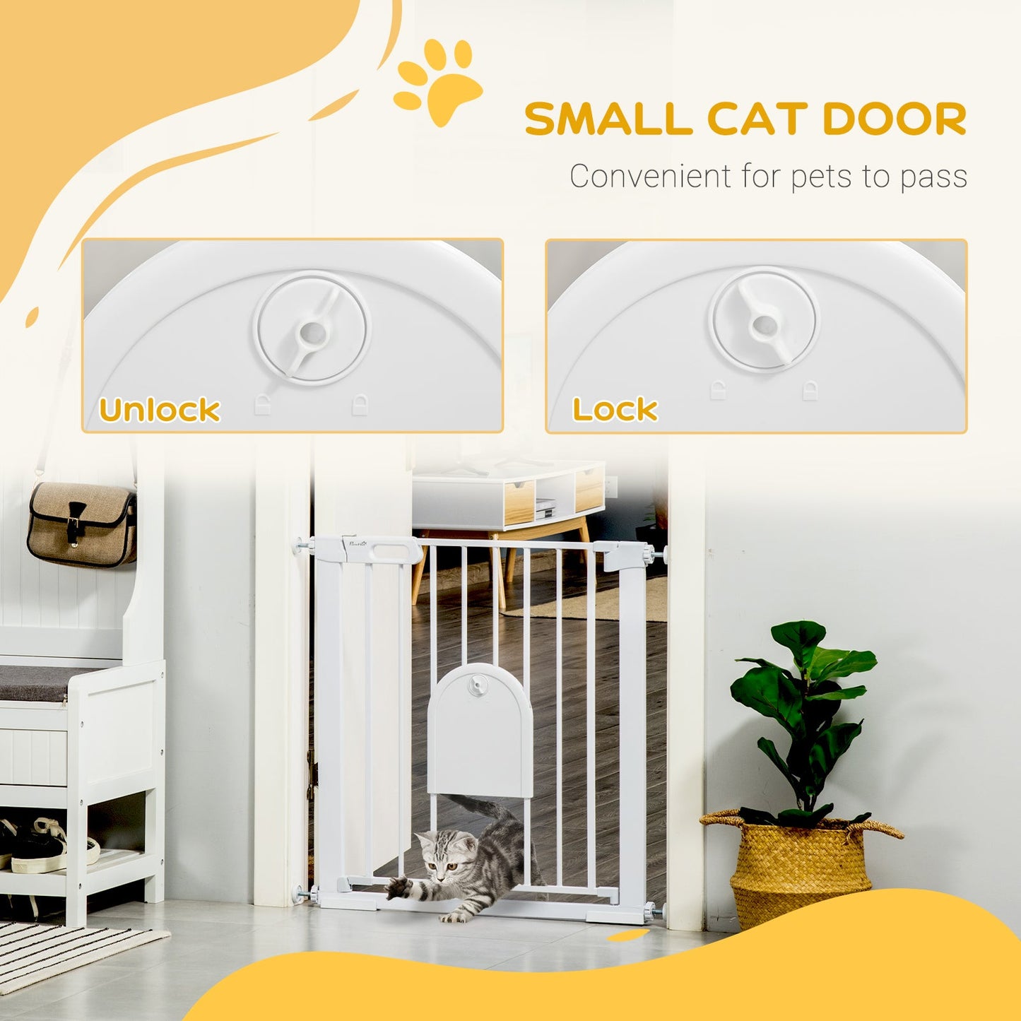 Dog Gate with Cat Flap Pet Safety Gate Barrier, Stair Pressure Fit, Auto Close, Double Locking, for Doorways, Hallways, 75-82 cm White