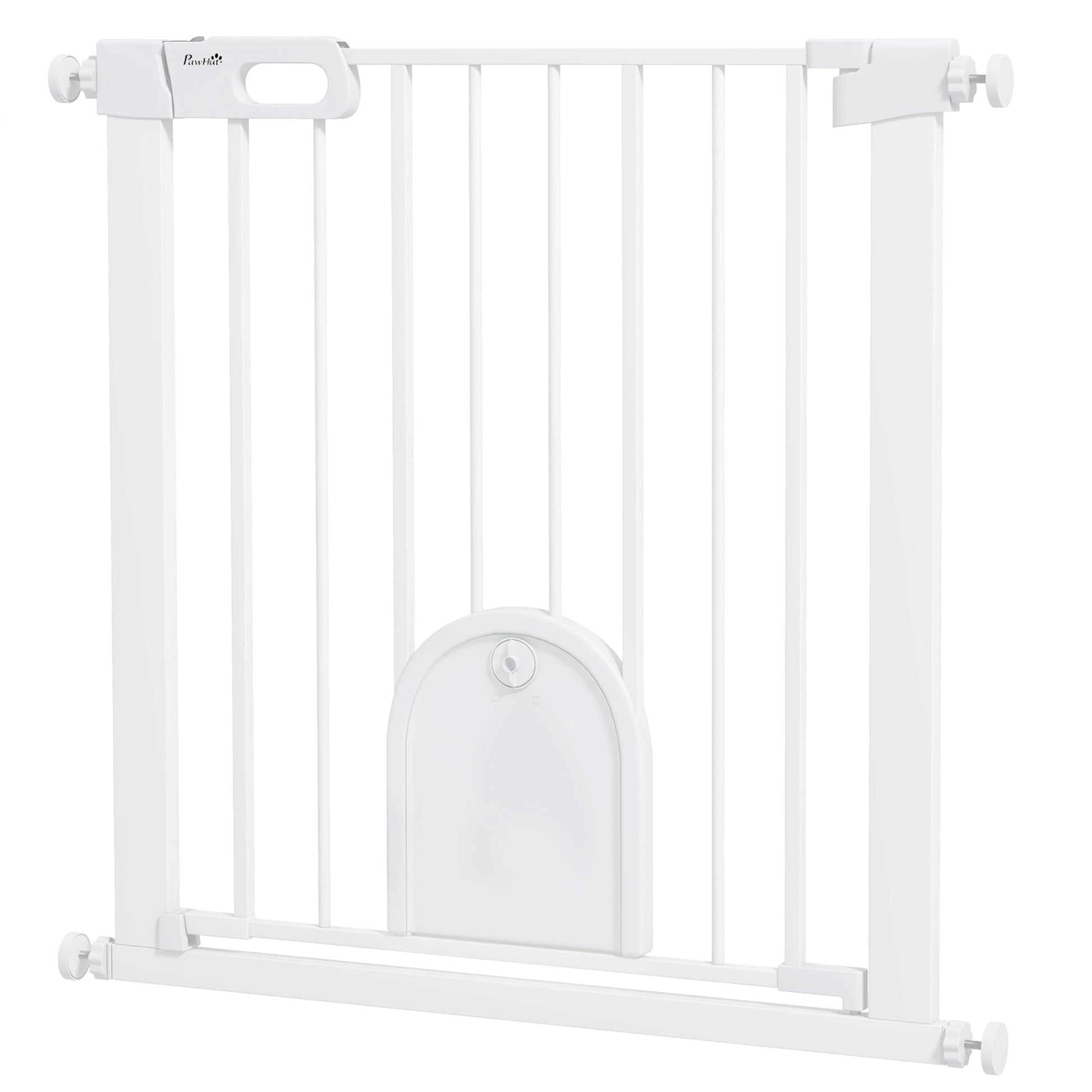 Dog Gate with Cat Flap Pet Safety Gate Barrier, Stair Pressure Fit, Auto Close, Double Locking, for Doorways, Hallways, 75-82 cm White