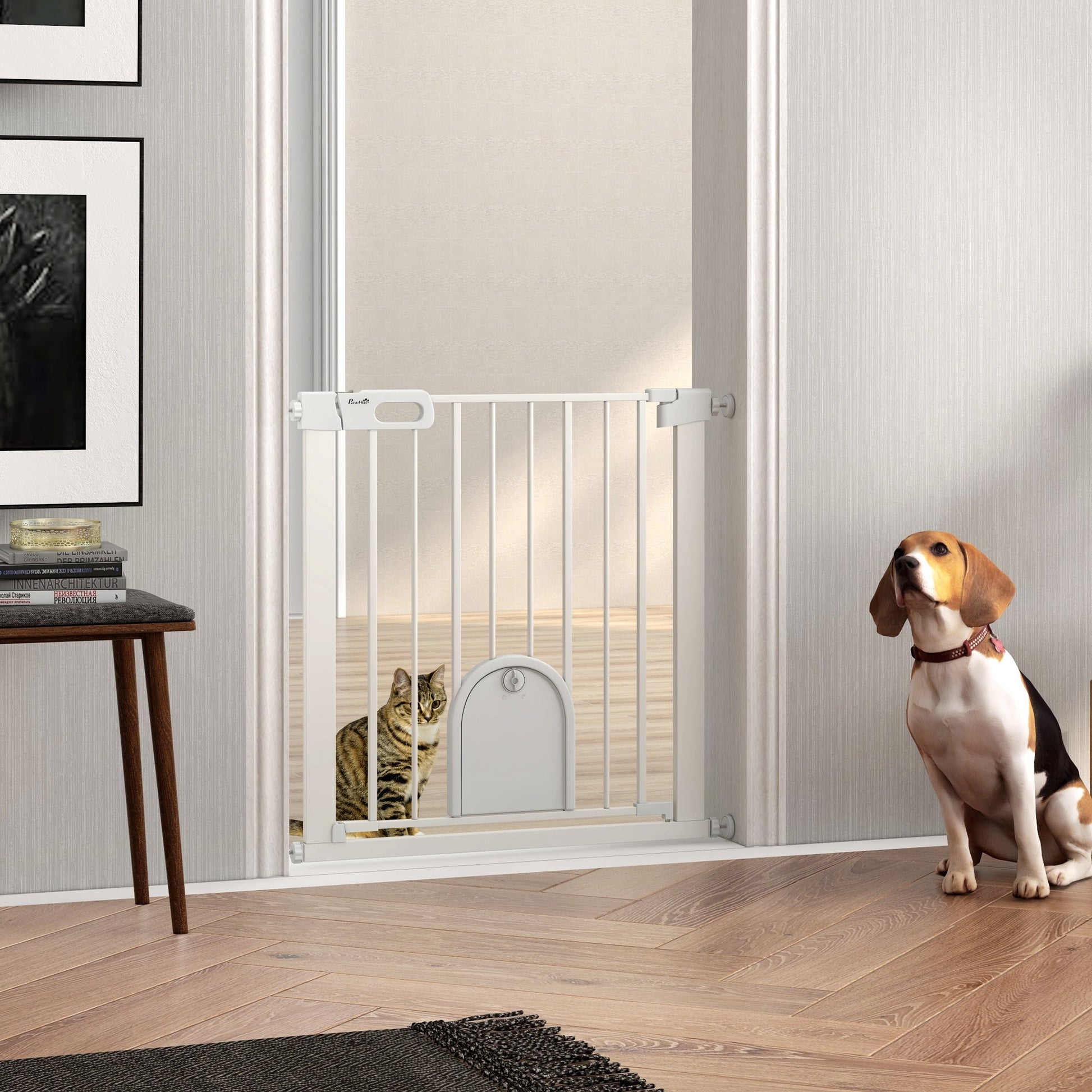Dog Gate with Cat Flap Pet Safety Gate Barrier, Stair Pressure Fit, Auto Close, Double Locking, for Doorways, Hallways, 75-82 cm White