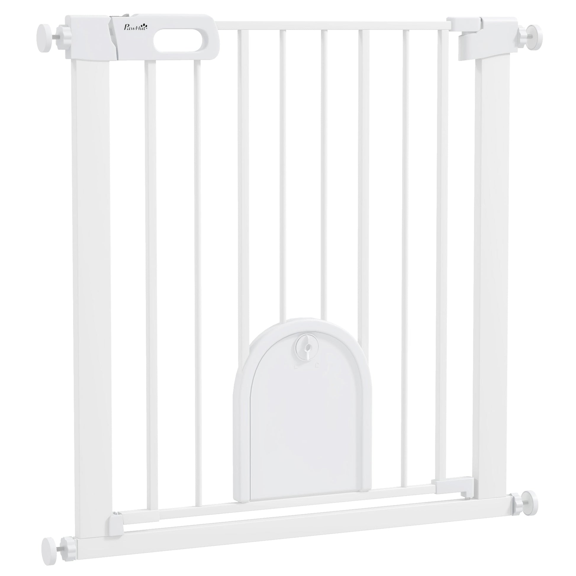 Dog Gate with Cat Flap Pet Safety Gate Barrier, Stair Pressure Fit, Auto Close, Double Locking, for Doorways, Hallways, 75-82 cm White