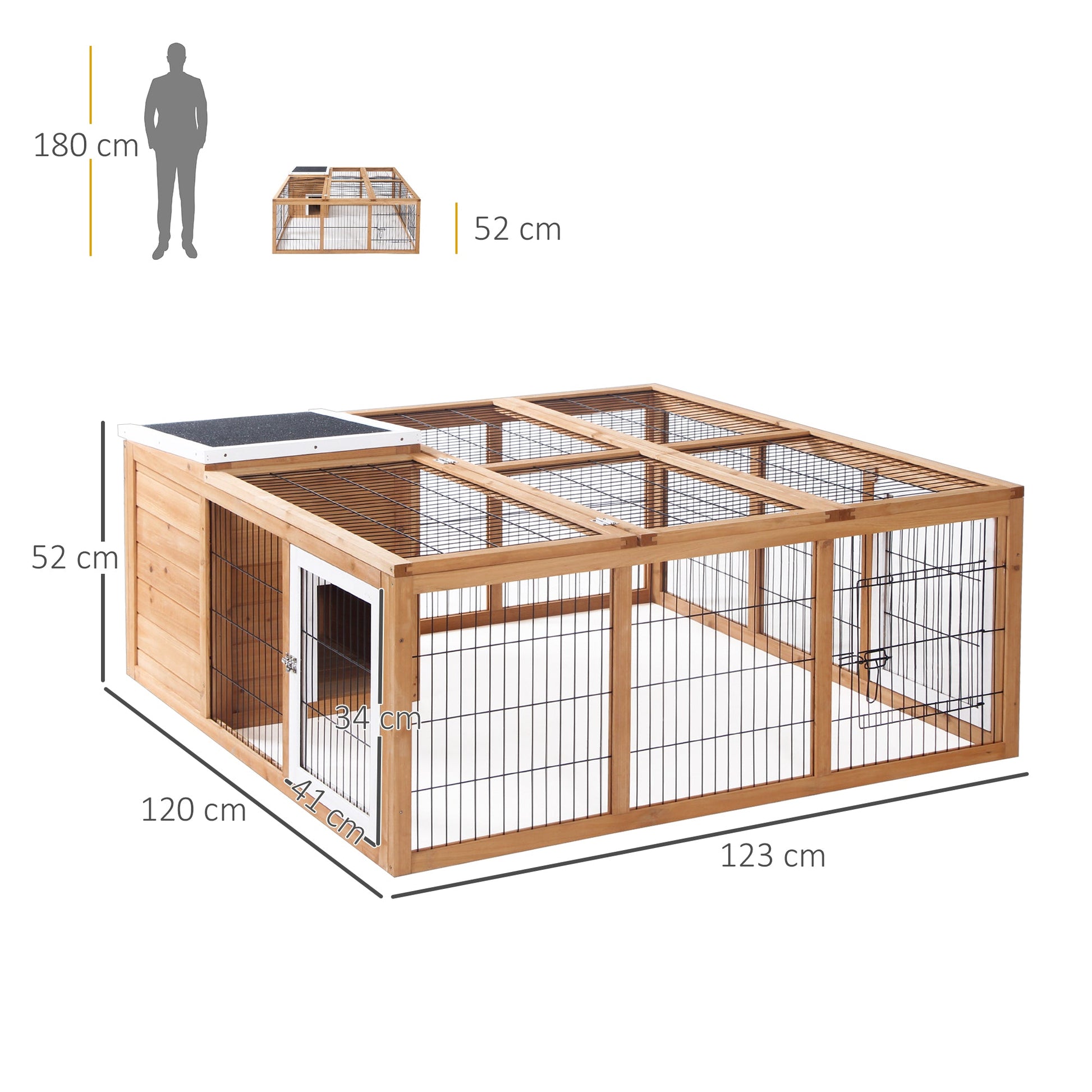 Rabbit Hutch Outdoor, Guinea Pig House, Bunny Run Cage with Openable Top for 1-2 Rabbits, 123 x 120 x 52cm, Yellow