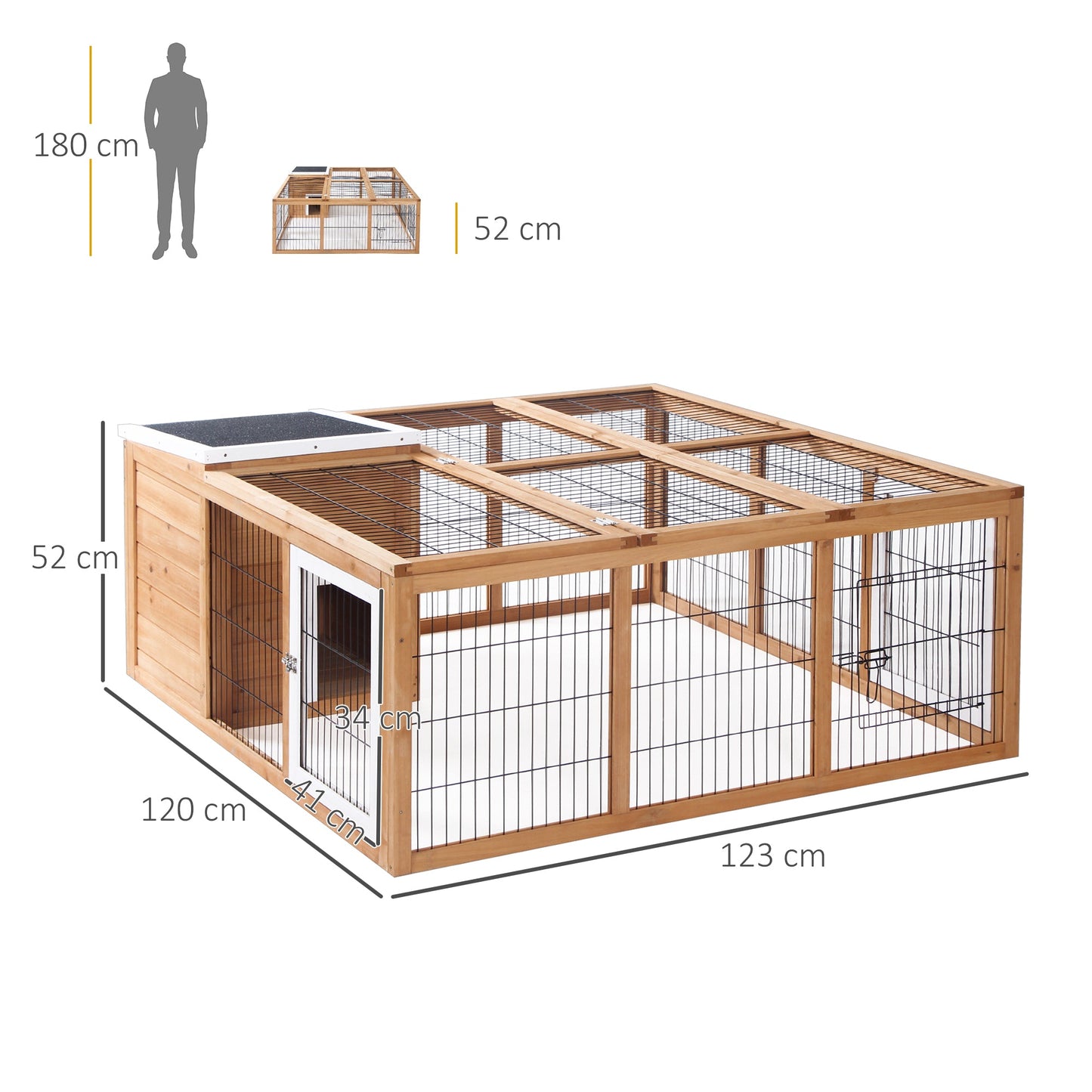 Rabbit Hutch Outdoor, Guinea Pig House, Bunny Run Cage with Openable Top for 1-2 Rabbits, 123 x 120 x 52cm, Yellow