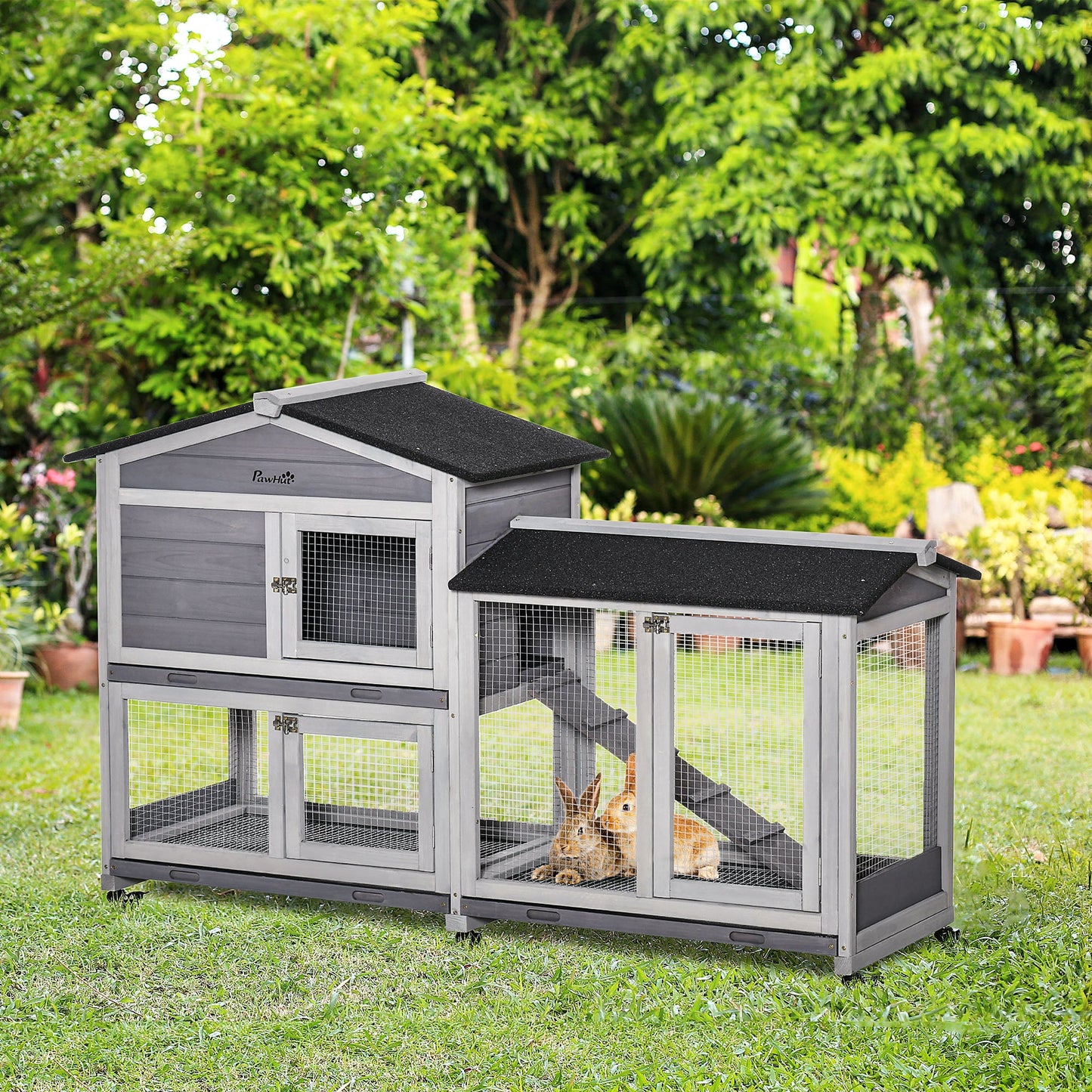Rabbit Hutch Outdoor with Run Guinea Pig Hutch 2-Tier Bunny Cage w/ Wheels No-Leak Plastic Tray 157.4 x 53 x 99.5 cm - Grey
