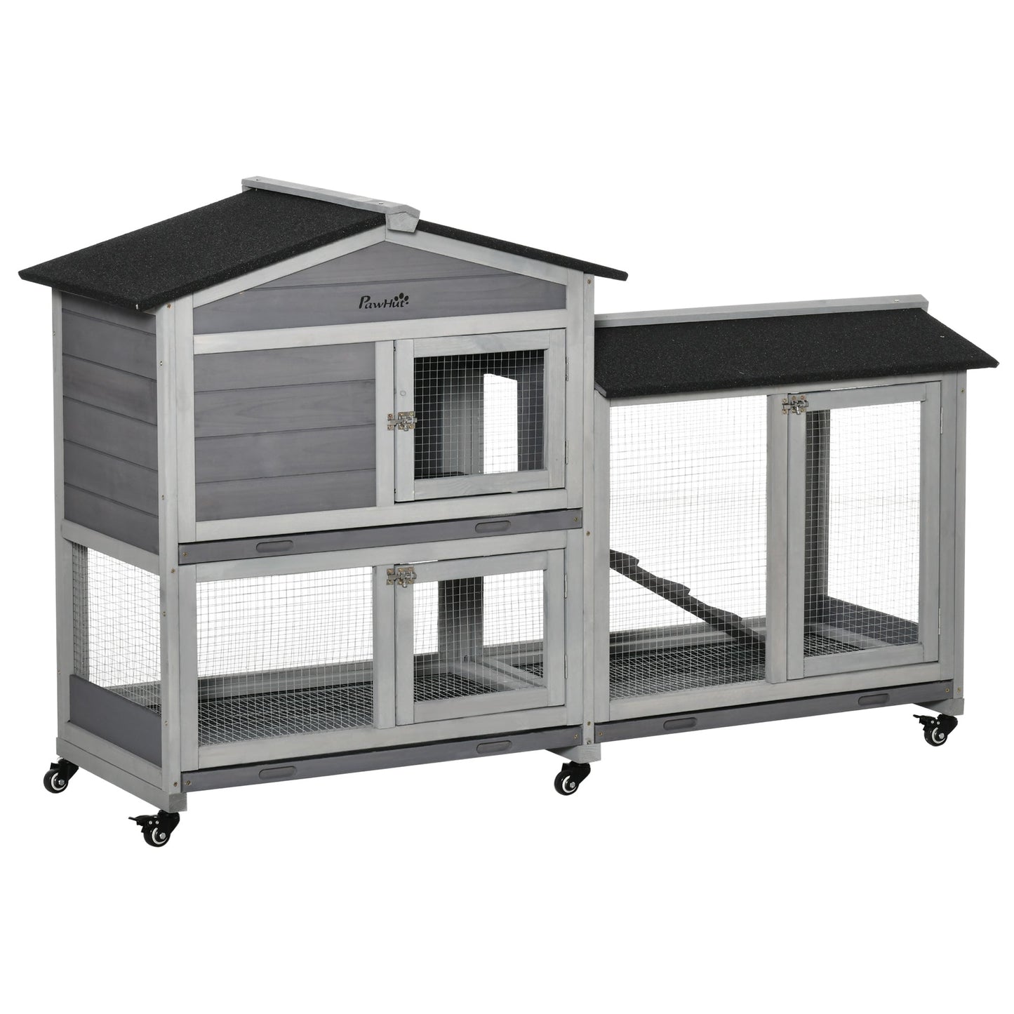 Rabbit Hutch Outdoor with Run Guinea Pig Hutch 2-Tier Bunny Cage w/ Wheels No-Leak Plastic Tray 157.4 x 53 x 99.5 cm - Grey