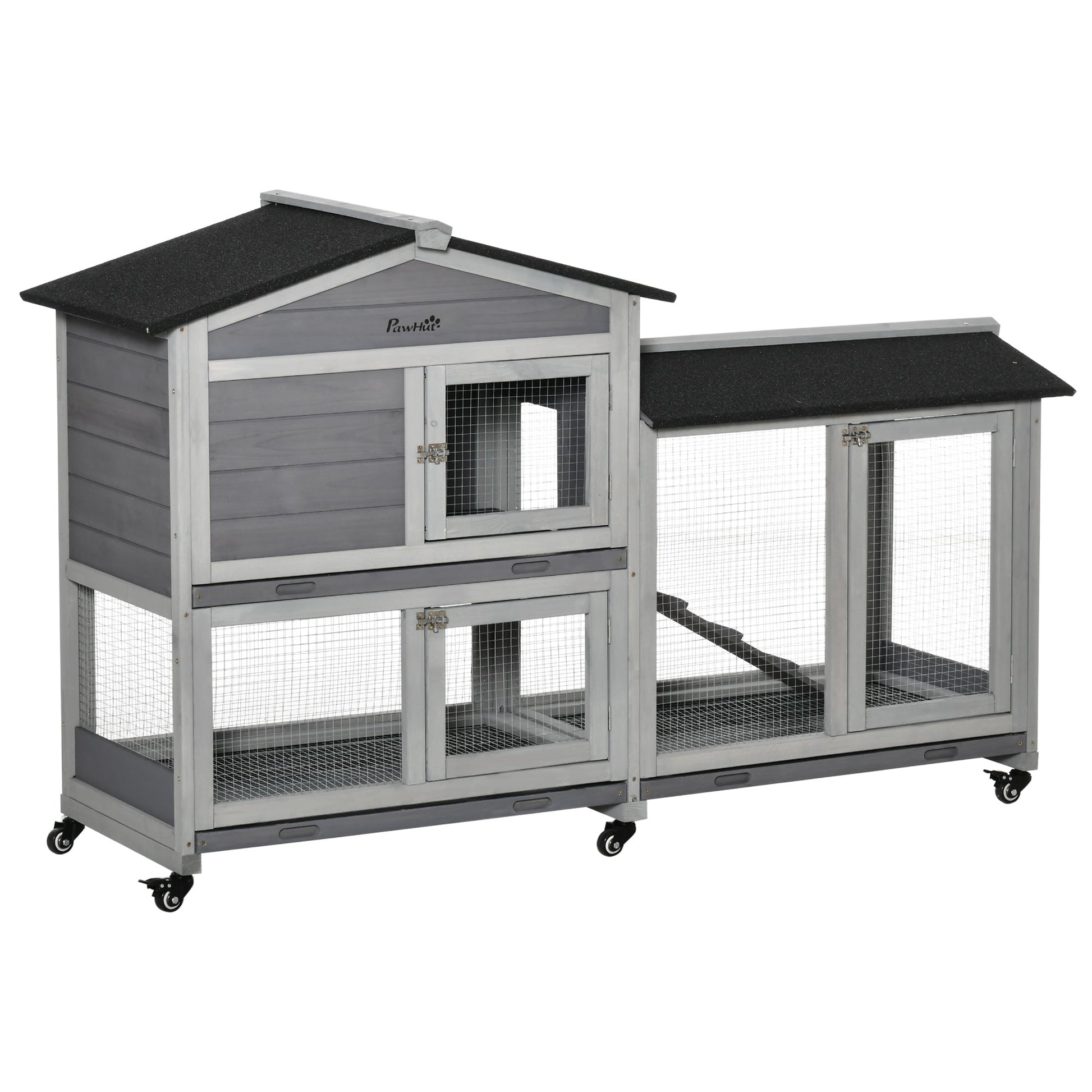 Rabbit Hutch Outdoor with Run Guinea Pig Hutch 2-Tier Bunny Cage w/ Wheels No-Leak Plastic Tray 157.4 x 53 x 99.5 cm - Grey