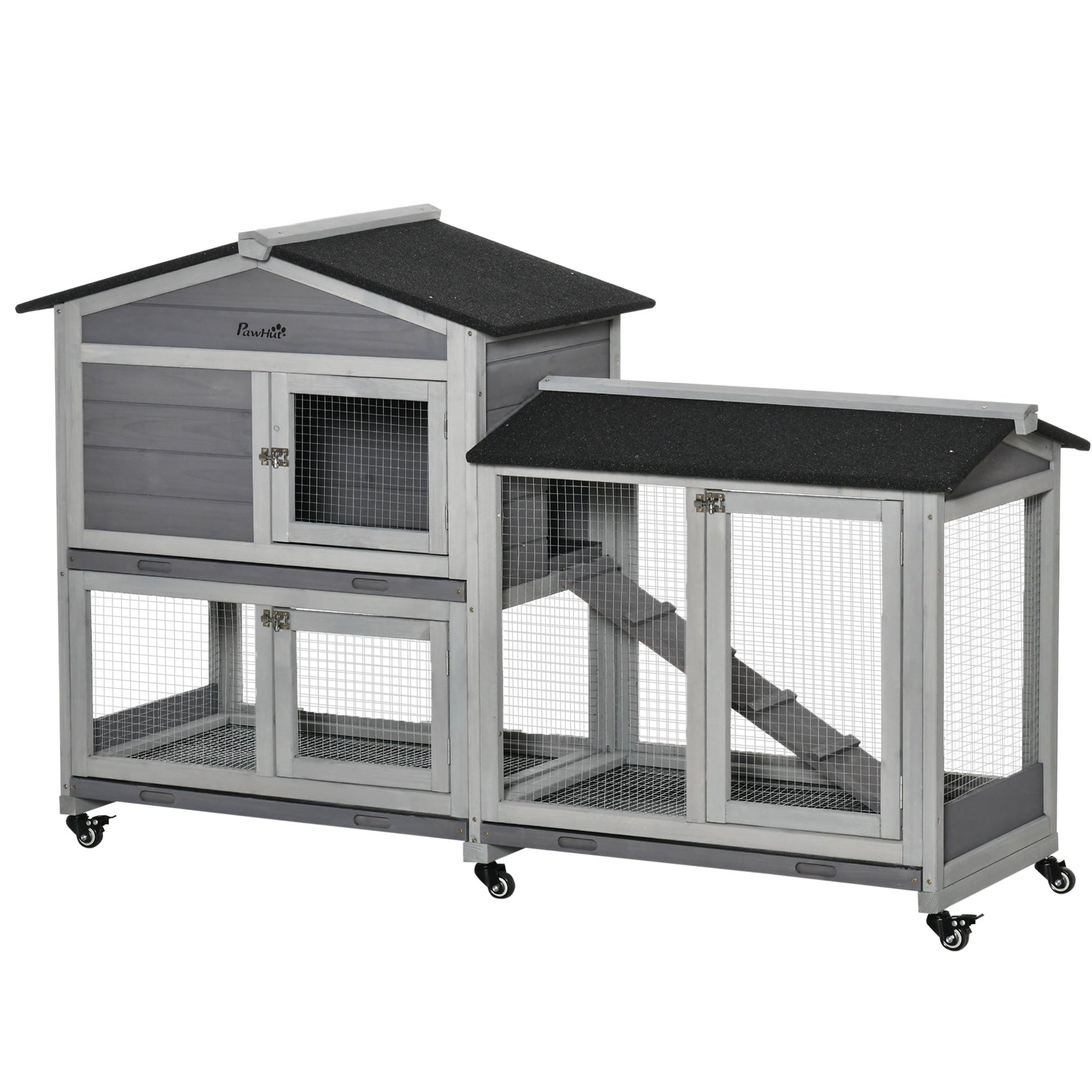 Rabbit Hutch Outdoor with Run Guinea Pig Hutch 2-Tier Bunny Cage w/ Wheels No-Leak Plastic Tray 157.4 x 53 x 99.5 cm - Grey