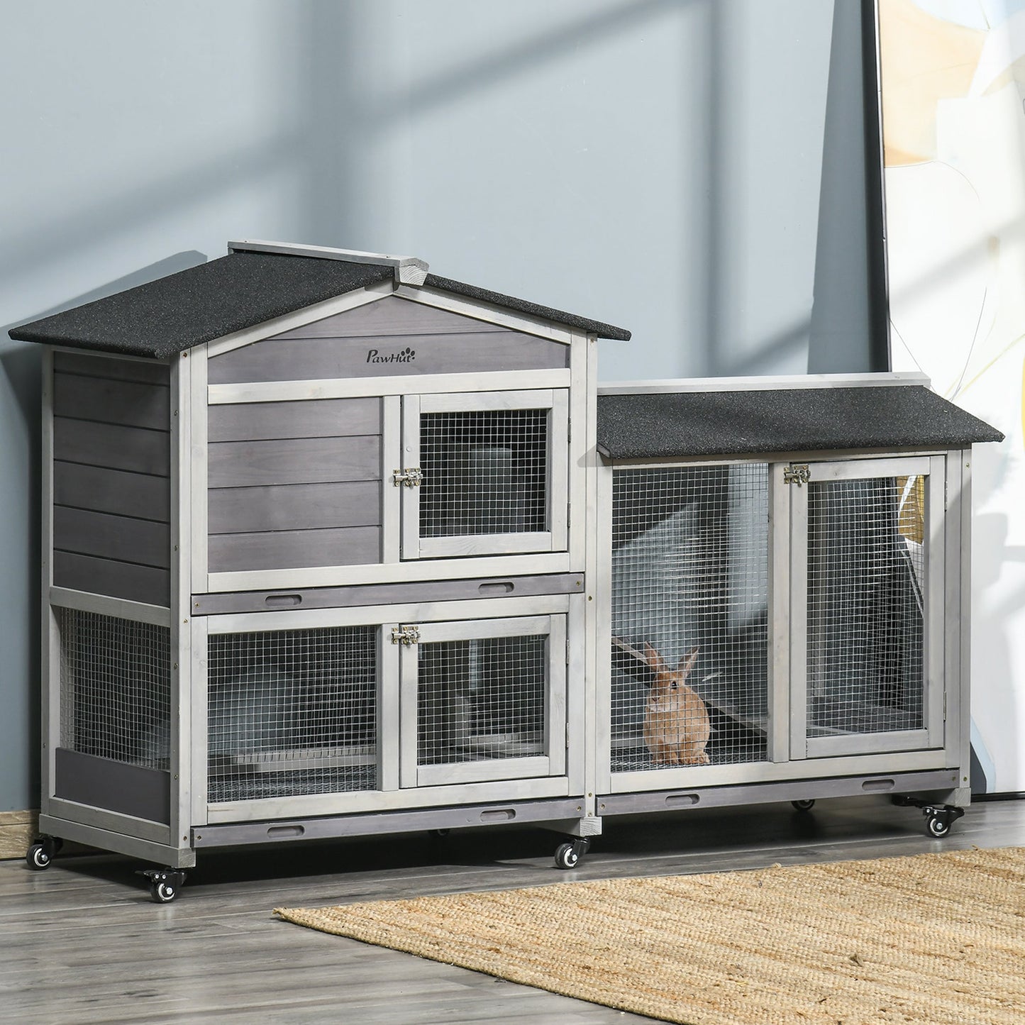 Rabbit Hutch Outdoor with Run Guinea Pig Hutch 2-Tier Bunny Cage w/ Wheels No-Leak Plastic Tray 157.4 x 53 x 99.5 cm - Grey